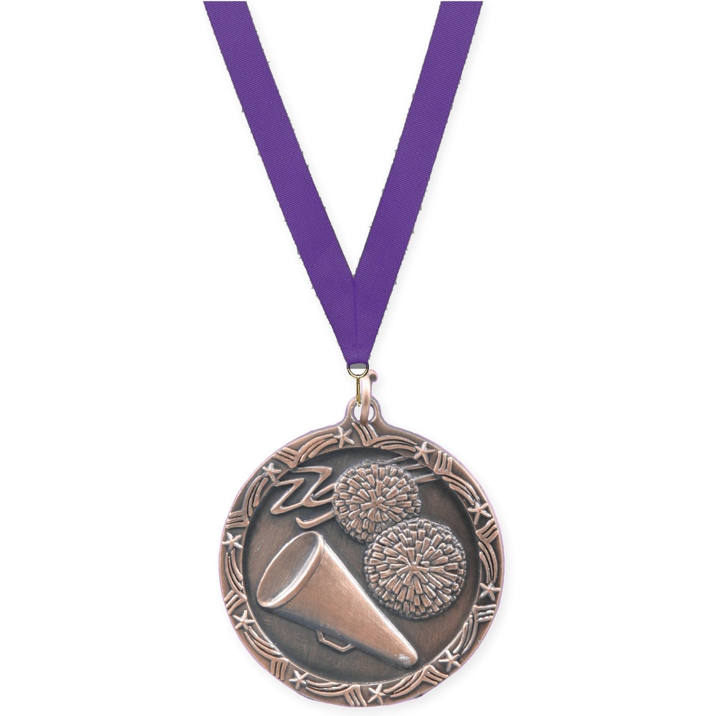 1 3/4 inch cheerleading Shooting Star medal in antique bronze with Purple neck ribbon