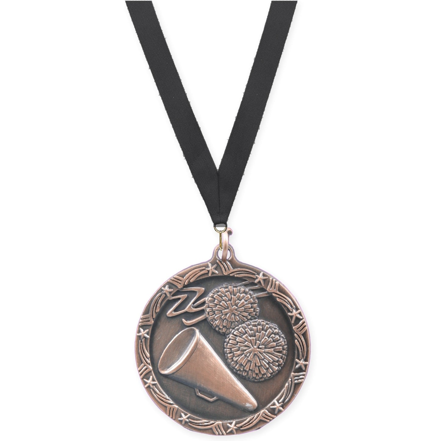 1 3/4 inch cheerleading Shooting Star medal in antique bronze with Black neck ribbon
