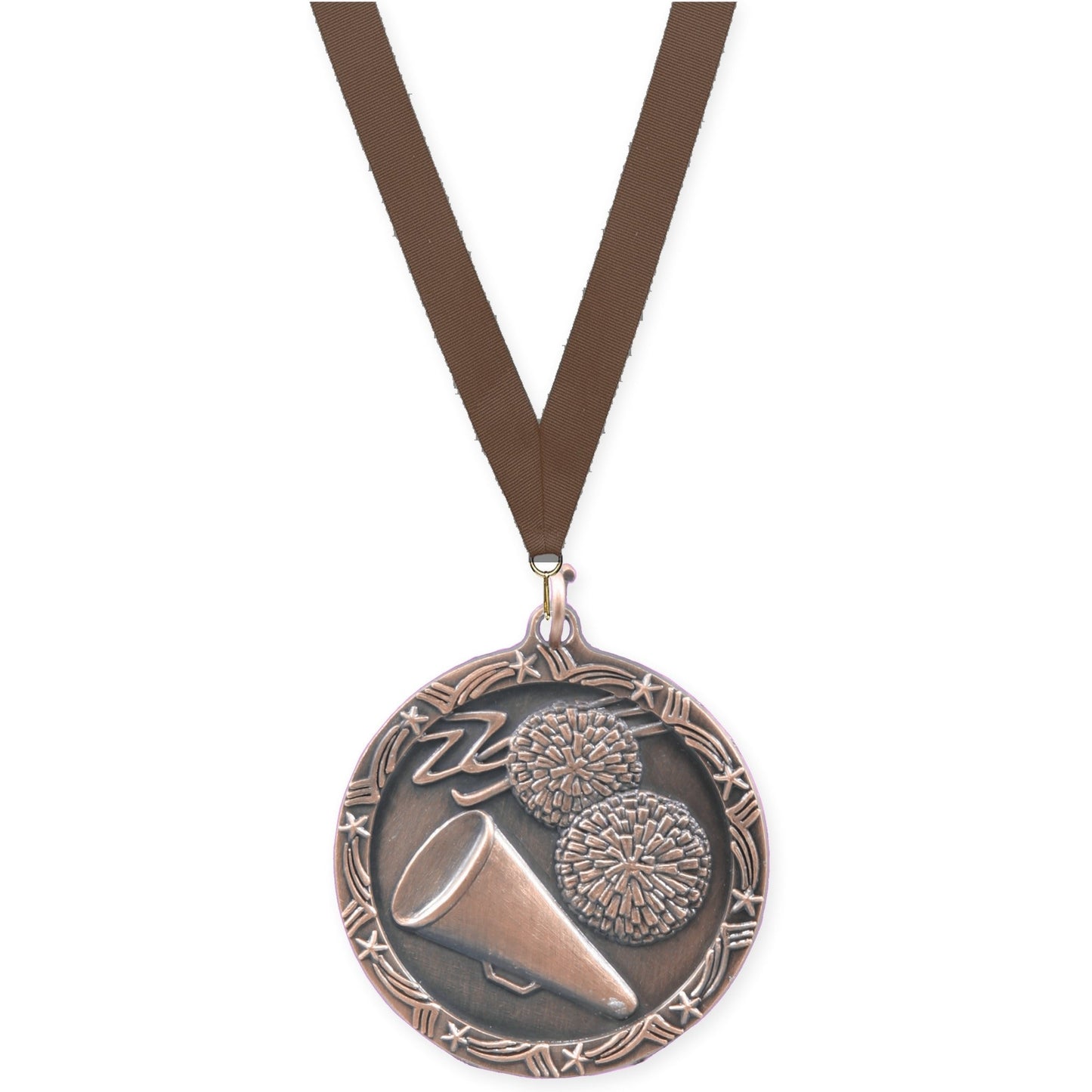 1 3/4 inch cheerleading Shooting Star medal in antique bronze with Brown neck ribbon