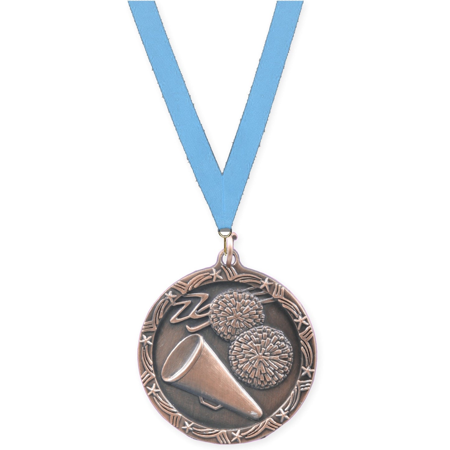 1 3/4 inch cheerleading Shooting Star medal in antique bronze with Light Blue neck ribbon