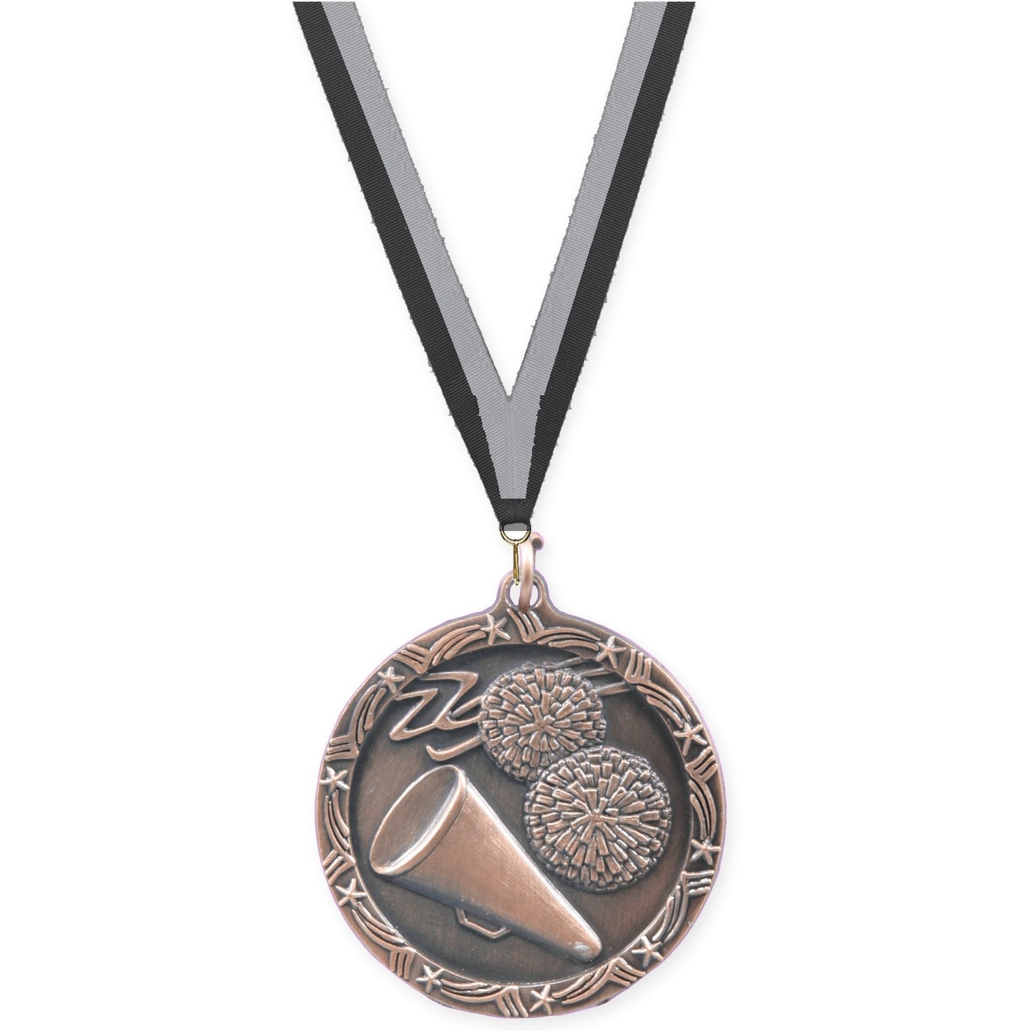 1 3/4 inch cheerleading Shooting Star medal in antique bronze with Black Gray neck ribbon