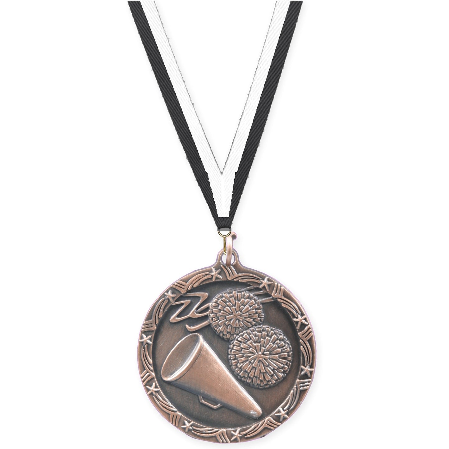1 3/4 inch cheerleading Shooting Star medal in antique bronze with Black White neck ribbon