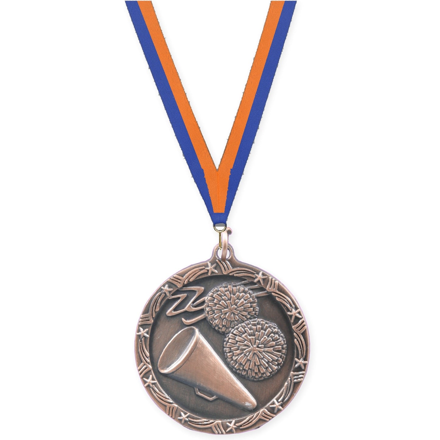 1 3/4 inch cheerleading Shooting Star medal in antique bronze with Blue Orange neck ribbon