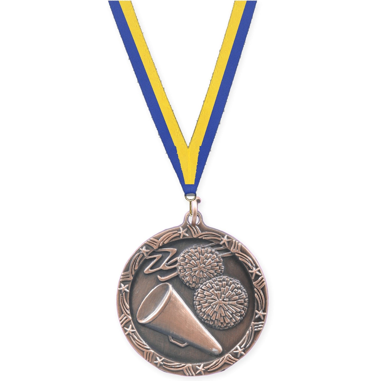 1 3/4 inch cheerleading Shooting Star medal in antique bronze with Blue Yellow neck ribbon
