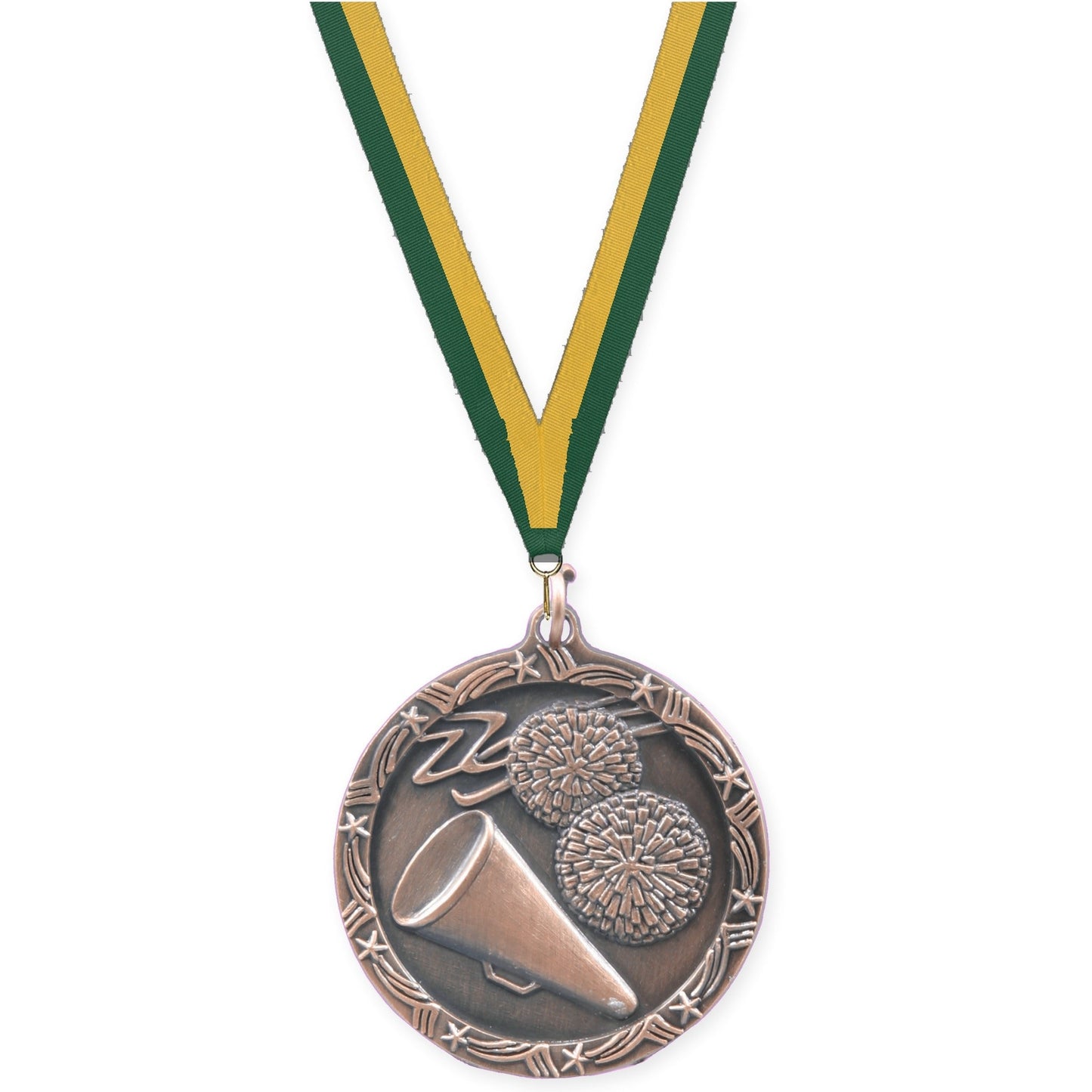 1 3/4 inch cheerleading Shooting Star medal in antique bronze with Hunter Green Gold neck ribbon