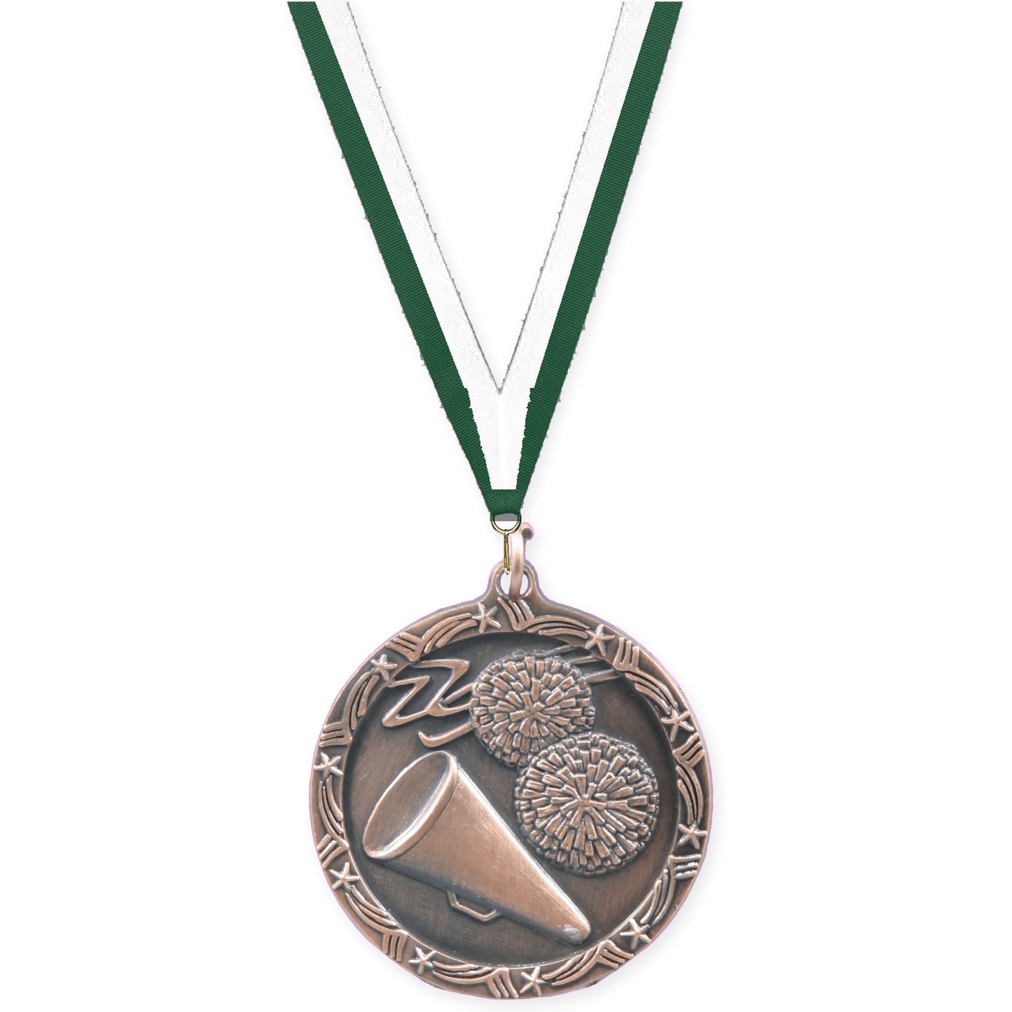 1 3/4 inch cheerleading Shooting Star medal in antique bronze with Hunter Green White neck ribbon