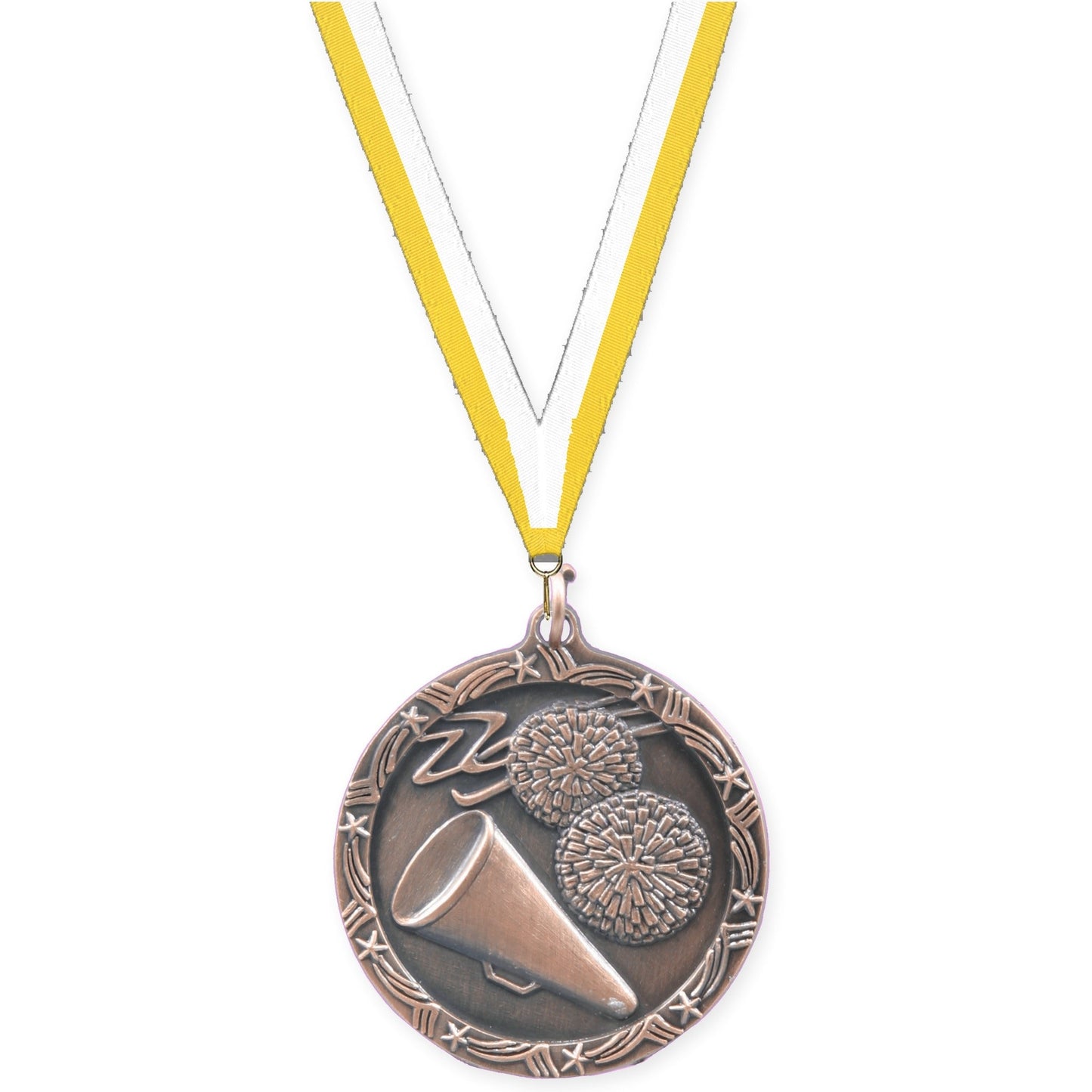 1 3/4 inch cheerleading Shooting Star medal in antique bronze with Yellow White neck ribbon