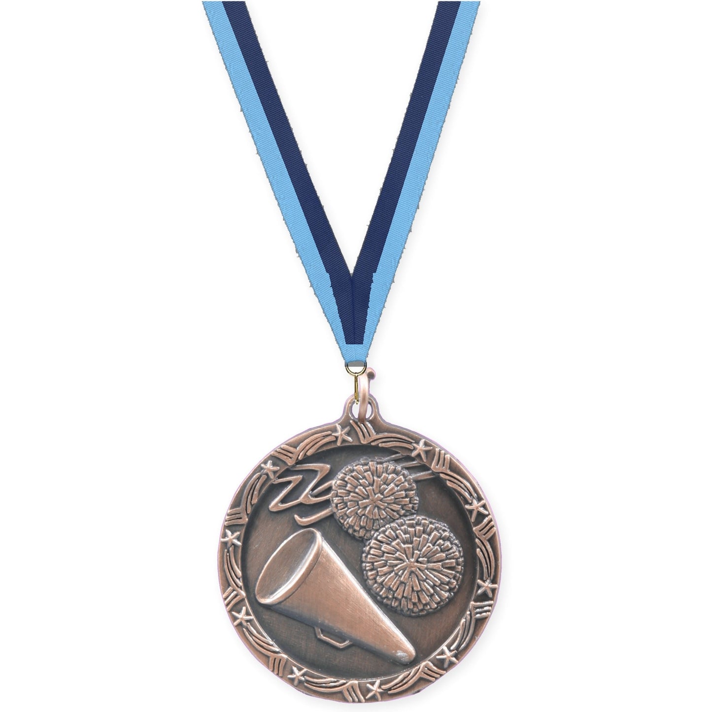 1 3/4 inch cheerleading Shooting Star medal in antique bronze with Light Blue Navy neck ribbon