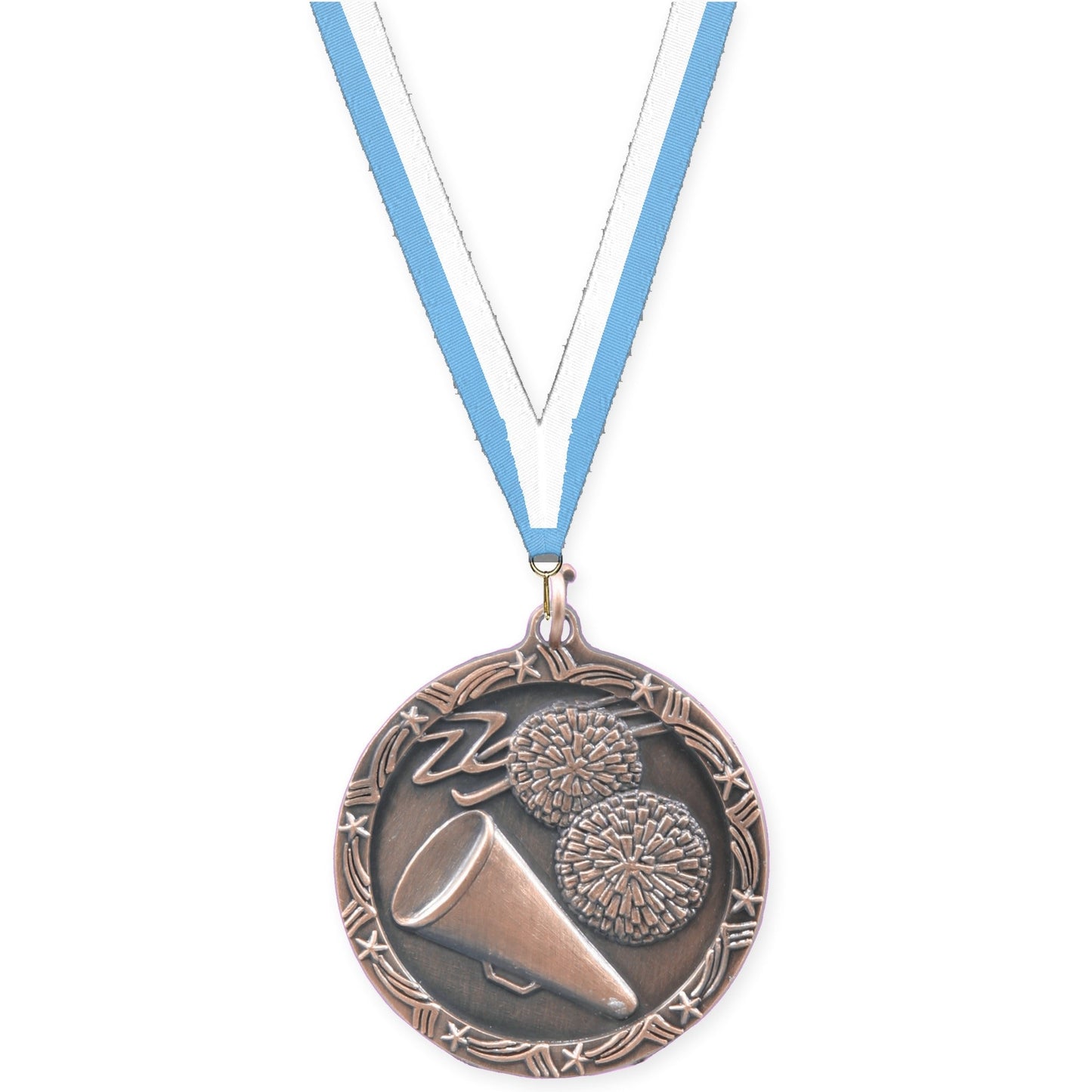 1 3/4 inch cheerleading Shooting Star medal in antique bronze with Light Blue White neck ribbon