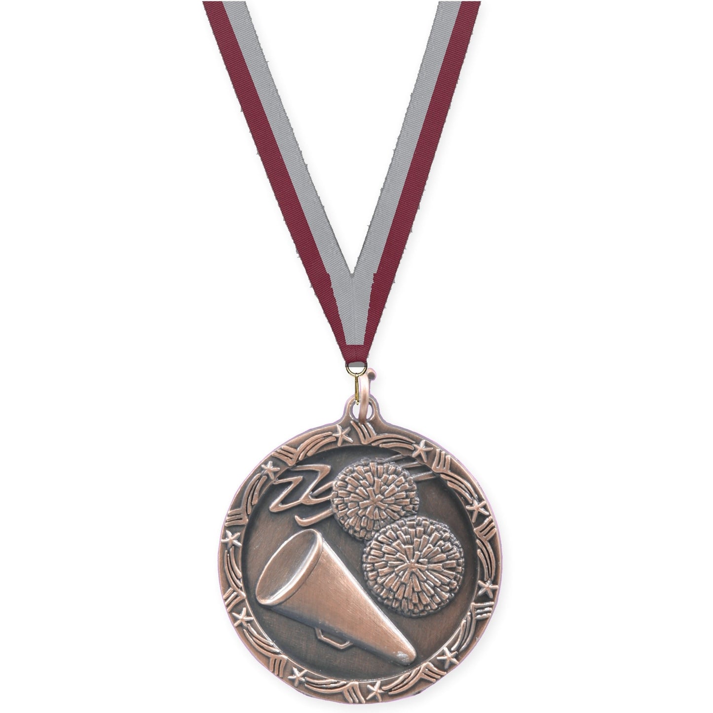 1 3/4 inch cheerleading Shooting Star medal in antique bronze with Maroon Gray neck ribbon