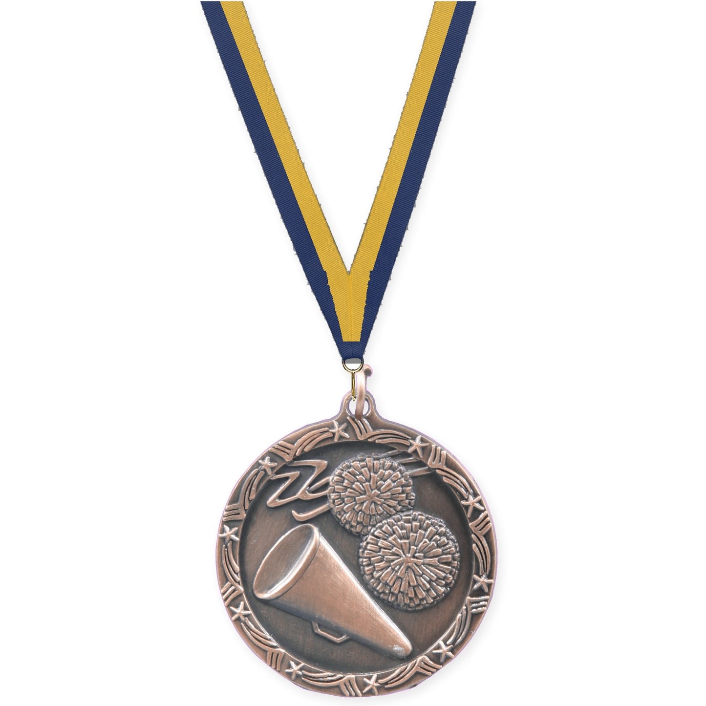 1 3/4 inch cheerleading Shooting Star medal in antique bronze with Navy Gold neck ribbon