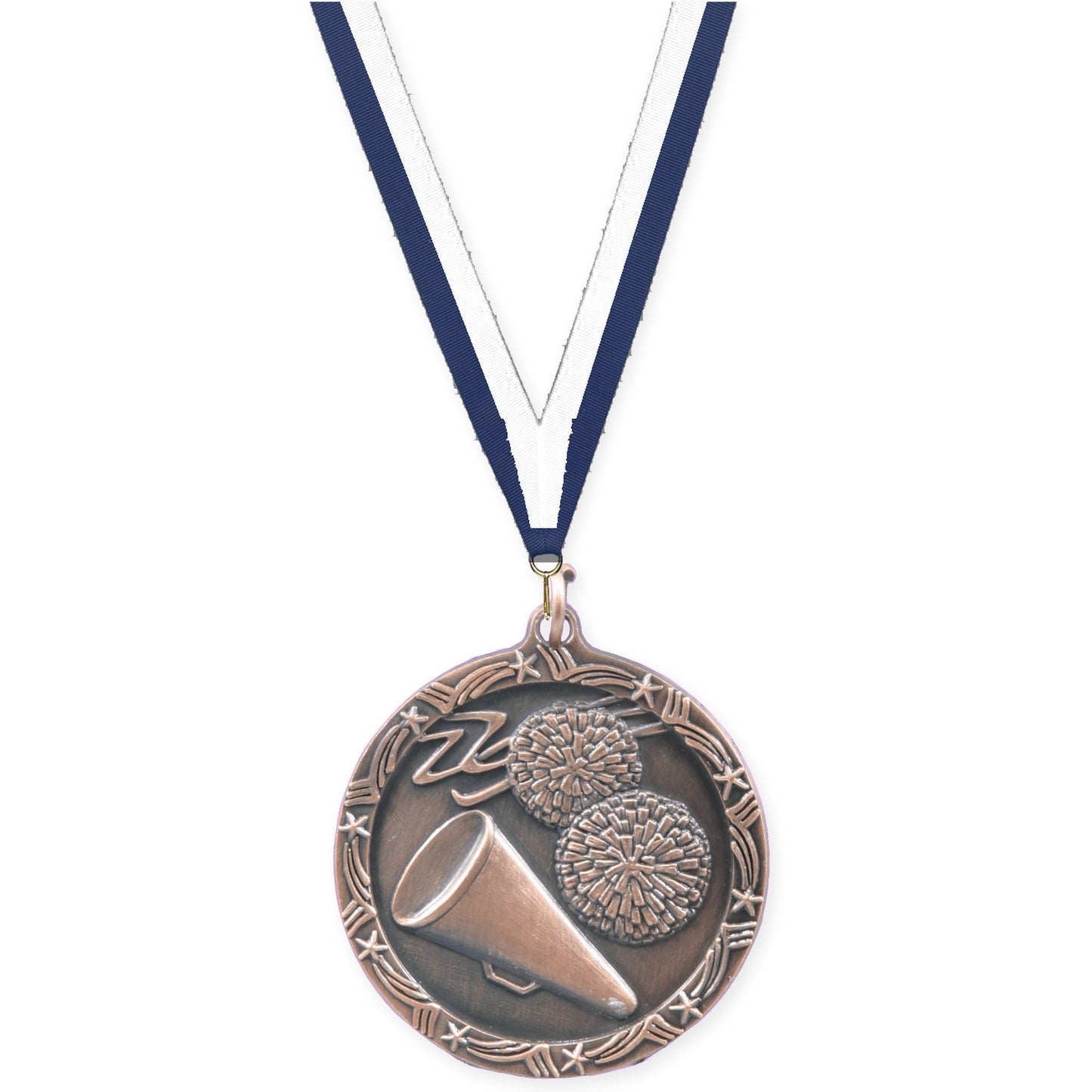 1 3/4 inch cheerleading Shooting Star medal in antique bronze with Navy White neck ribbon