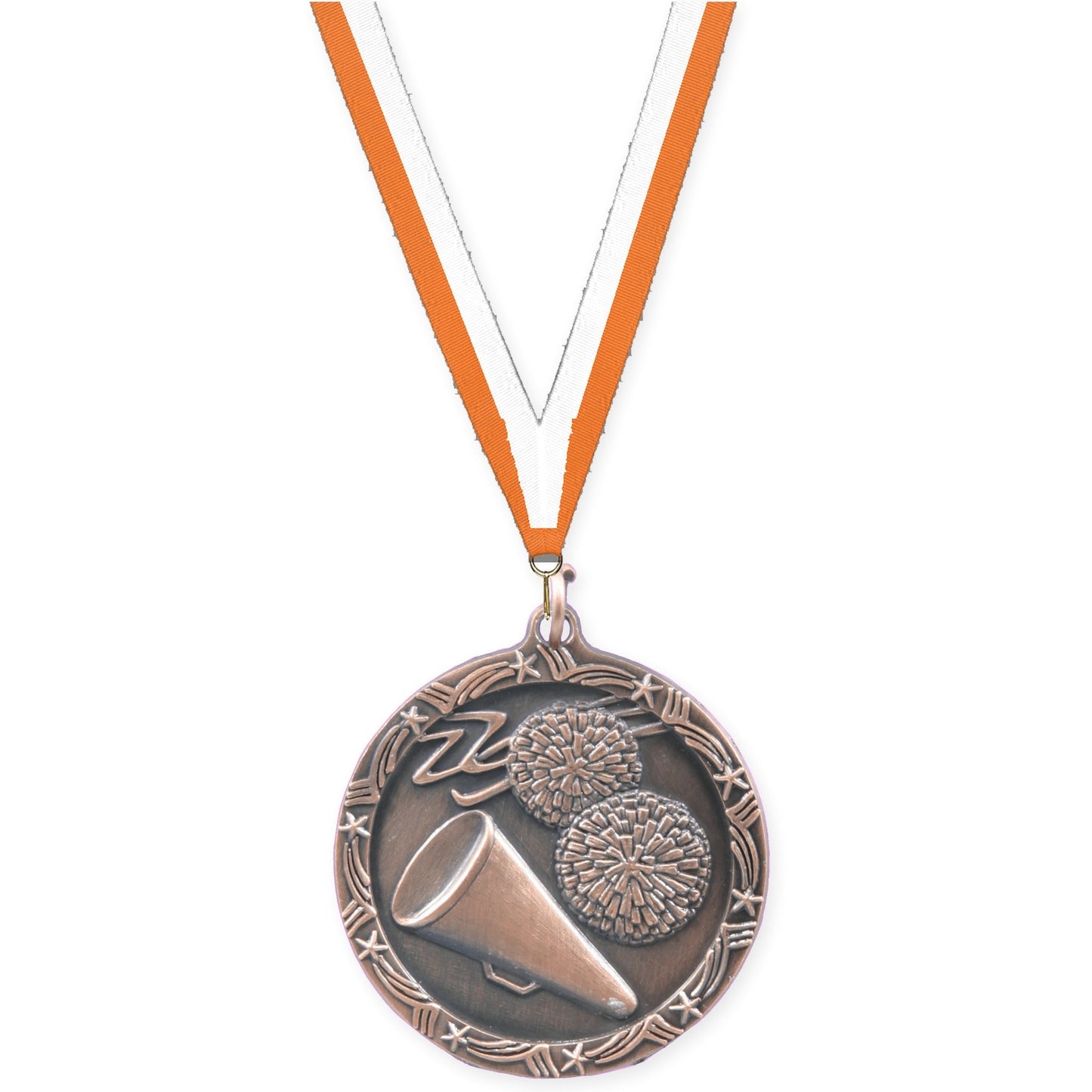 1 3/4 inch cheerleading Shooting Star medal in antique bronze with Orange White neck ribbon