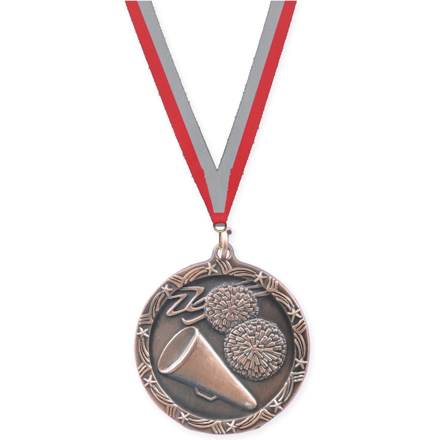 1 3/4 inch cheerleading Shooting Star medal in antique bronze with Red Gray neck ribbon