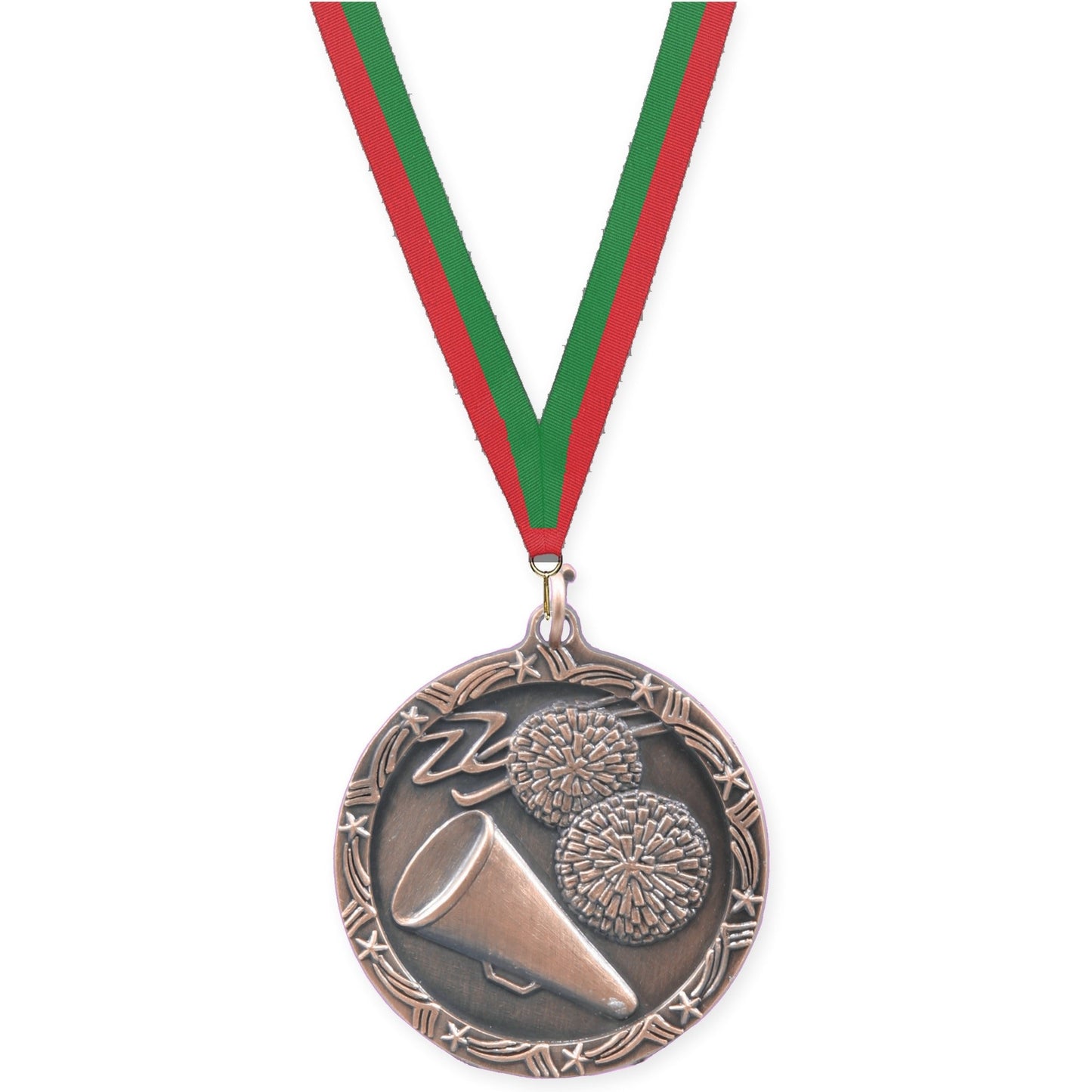 1 3/4 inch cheerleading Shooting Star medal in antique bronze with Red Green neck ribbon