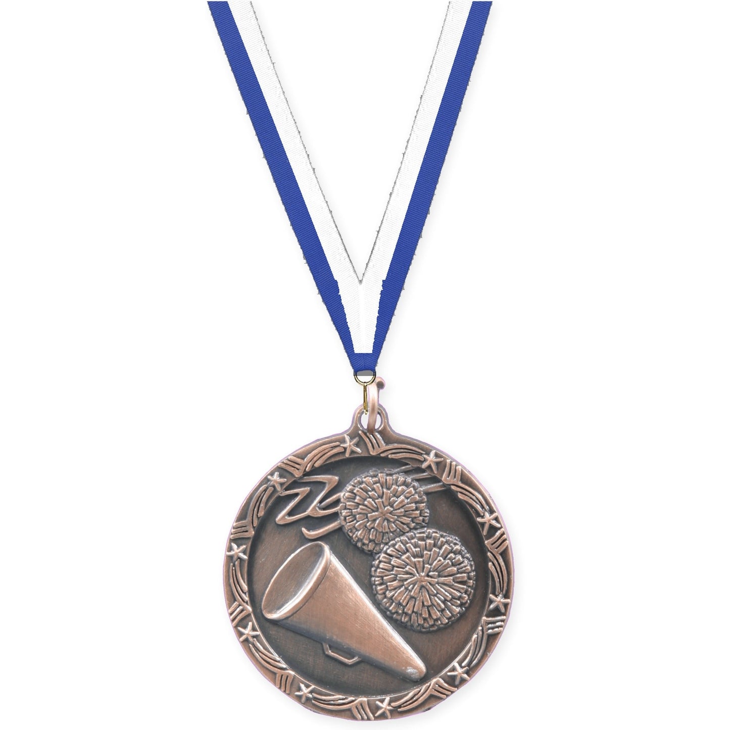 1 3/4 inch cheerleading Shooting Star medal in antique bronze with Blue White neck ribbon