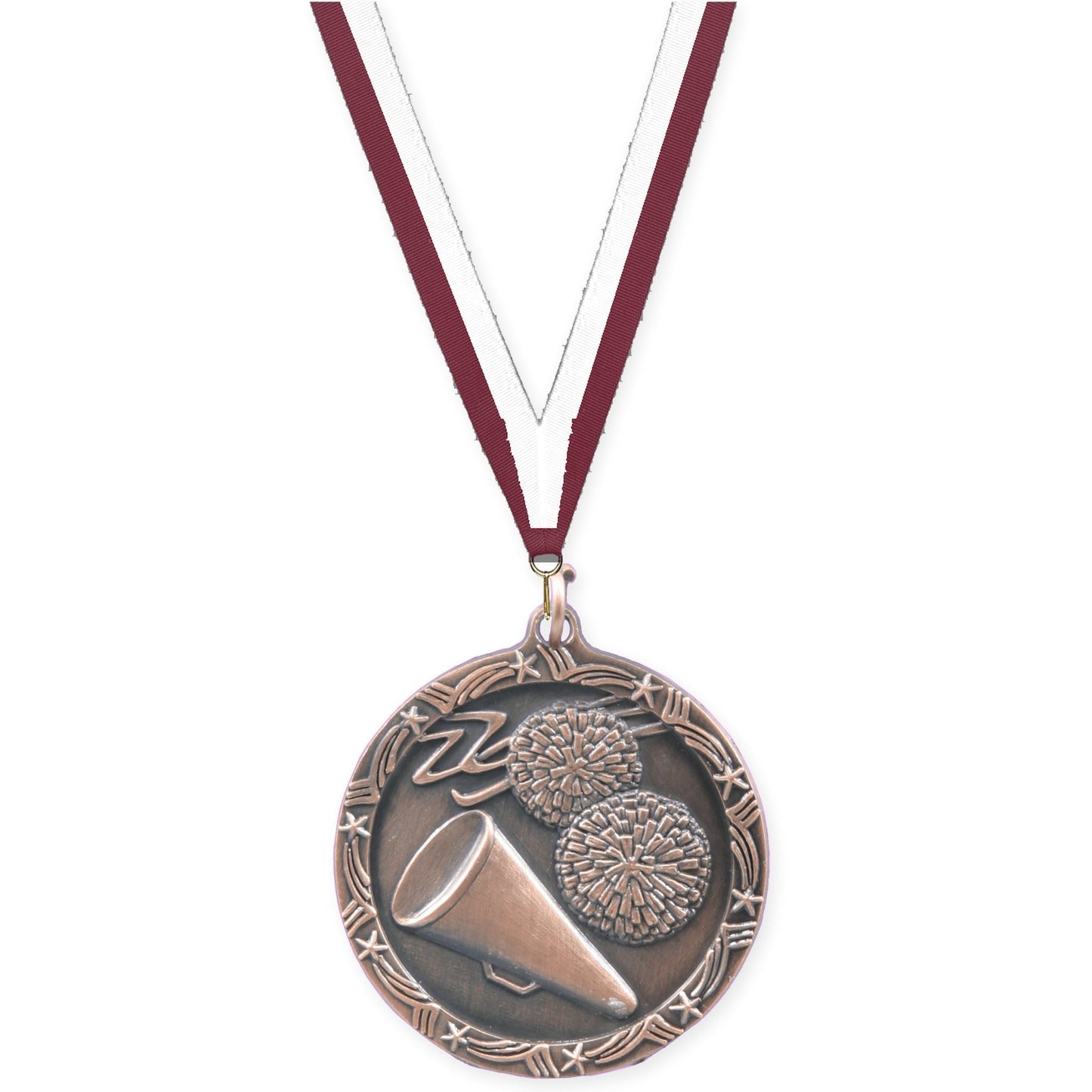 1 3/4 inch cheerleading Shooting Star medal in antique bronze with Maroon White neck ribbon