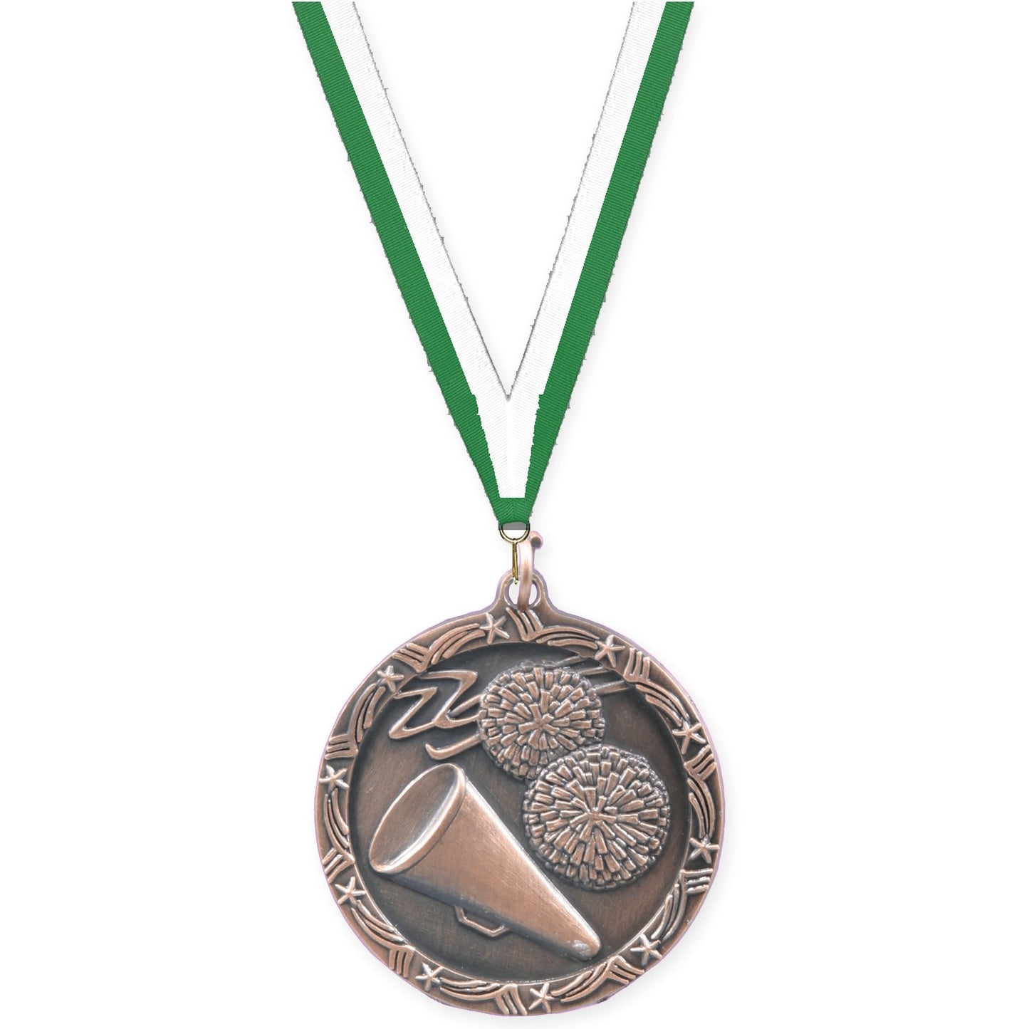 1 3/4 inch cheerleading Shooting Star medal in antique bronze with Green White neck ribbon
