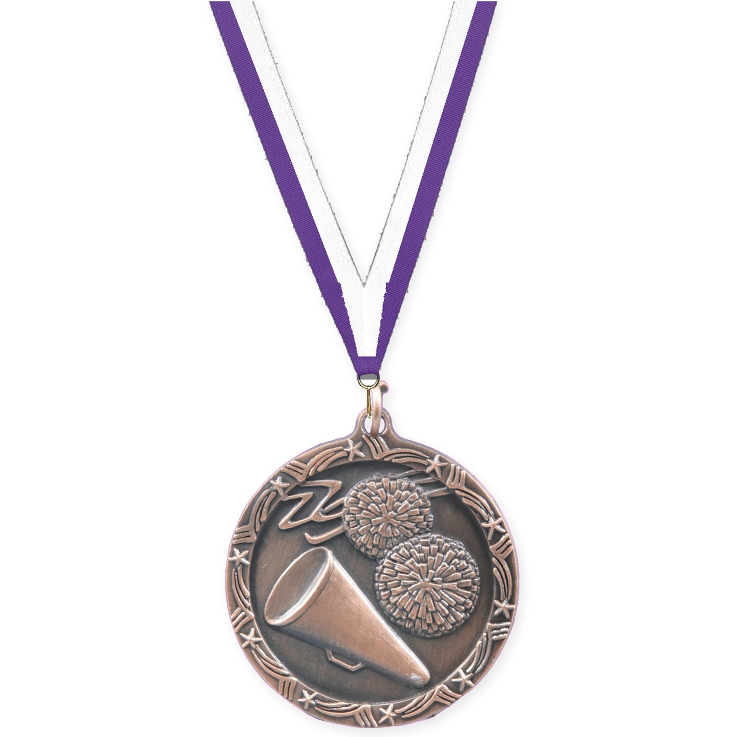 1 3/4 inch cheerleading Shooting Star medal in antique bronze with Purple White neck ribbon