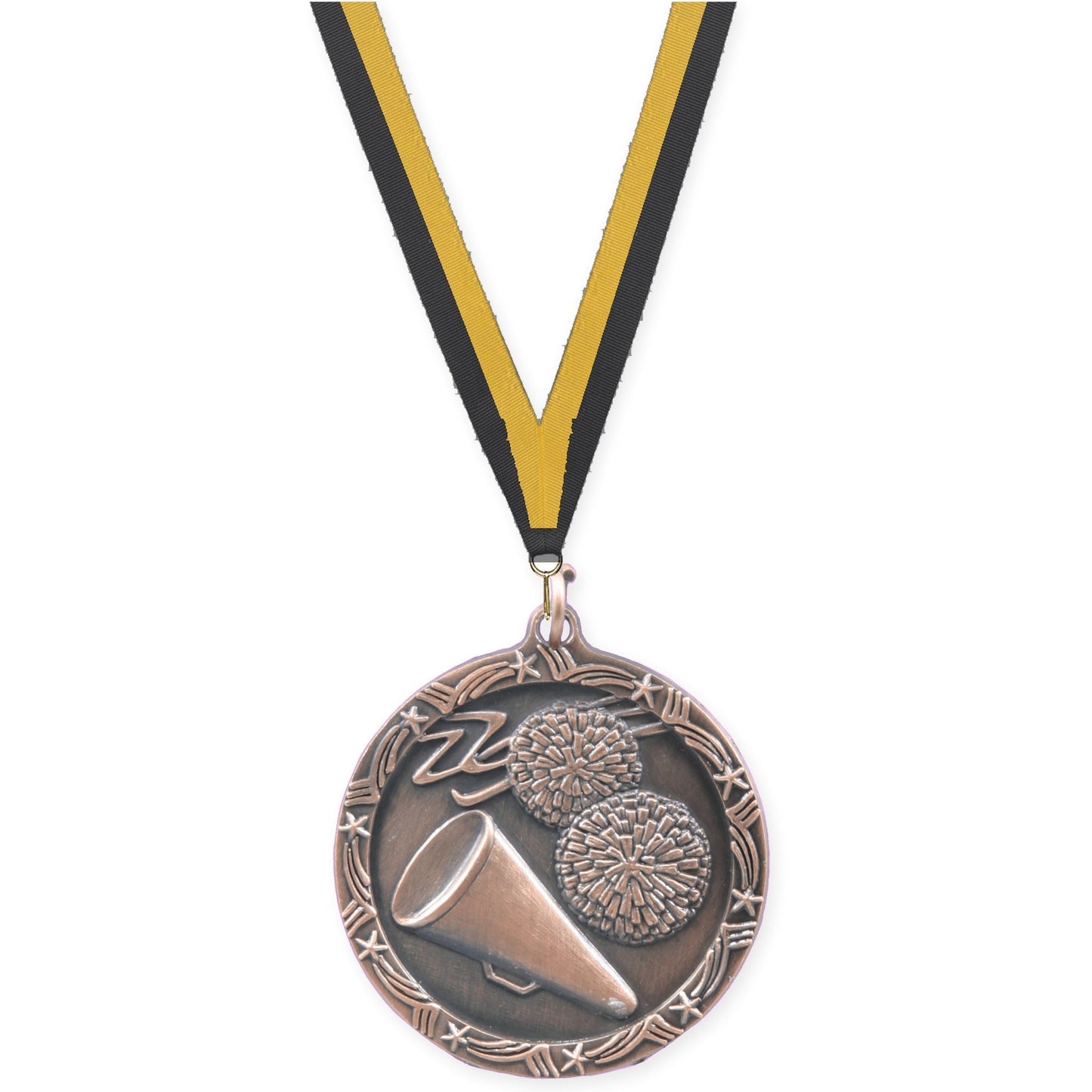 1 3/4 inch cheerleading Shooting Star medal in antique bronze with Black Gold neck ribbon