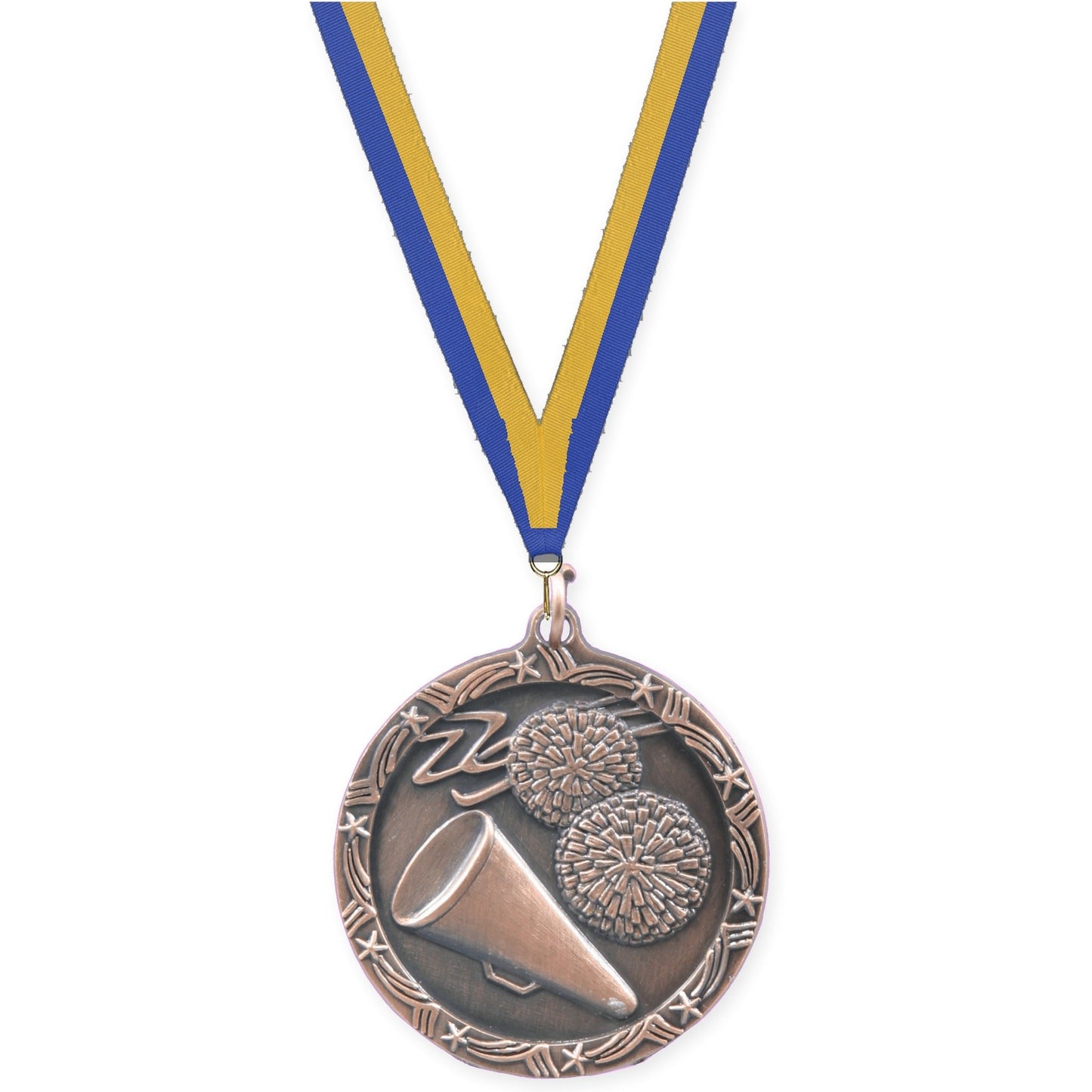 1 3/4 inch cheerleading Shooting Star medal in antique bronze with Blue Gold neck ribbon