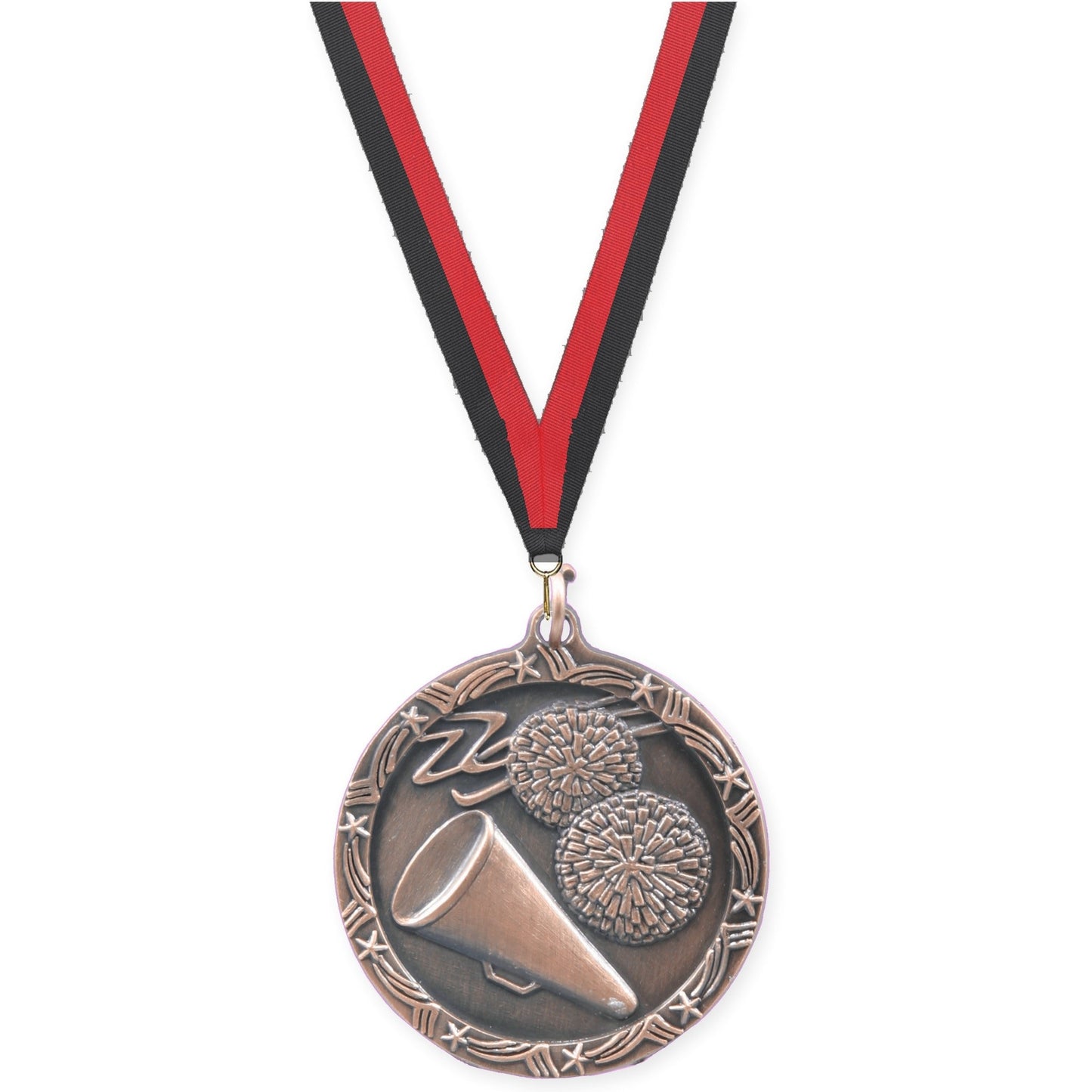 1 3/4 inch cheerleading Shooting Star medal in antique bronze with Black Red neck ribbon