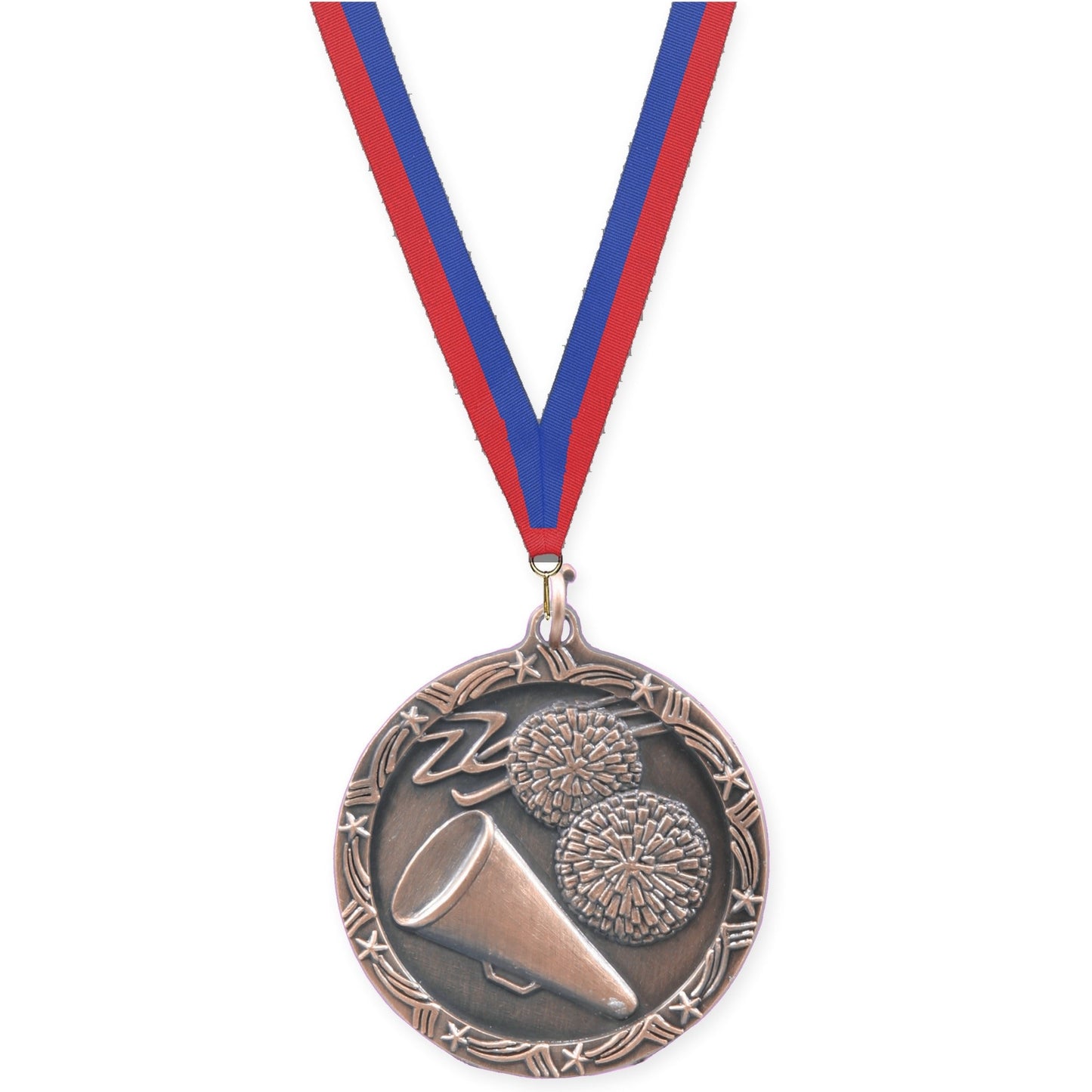 1 3/4 inch cheerleading Shooting Star medal in antique bronze with Blue Red neck ribbon