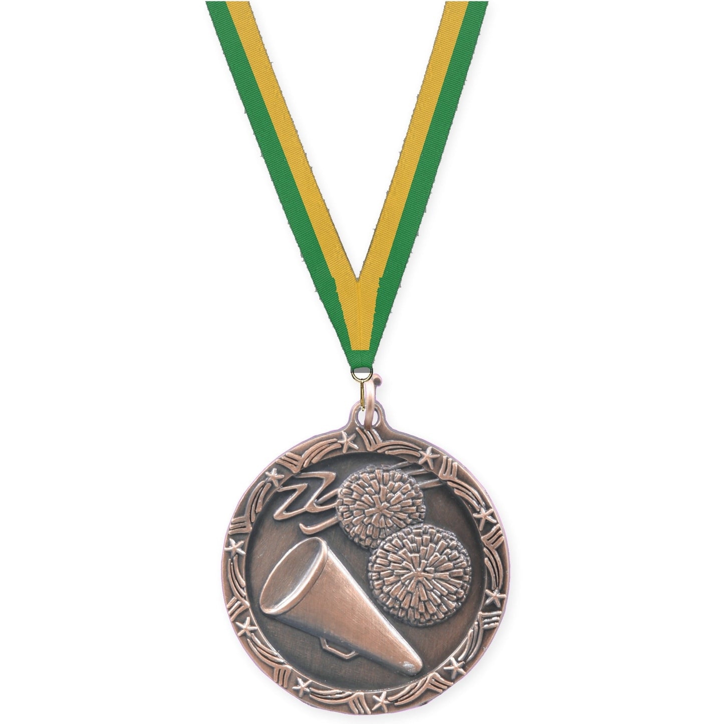 1 3/4 inch cheerleading Shooting Star medal in antique bronze with Green Gold neck ribbon