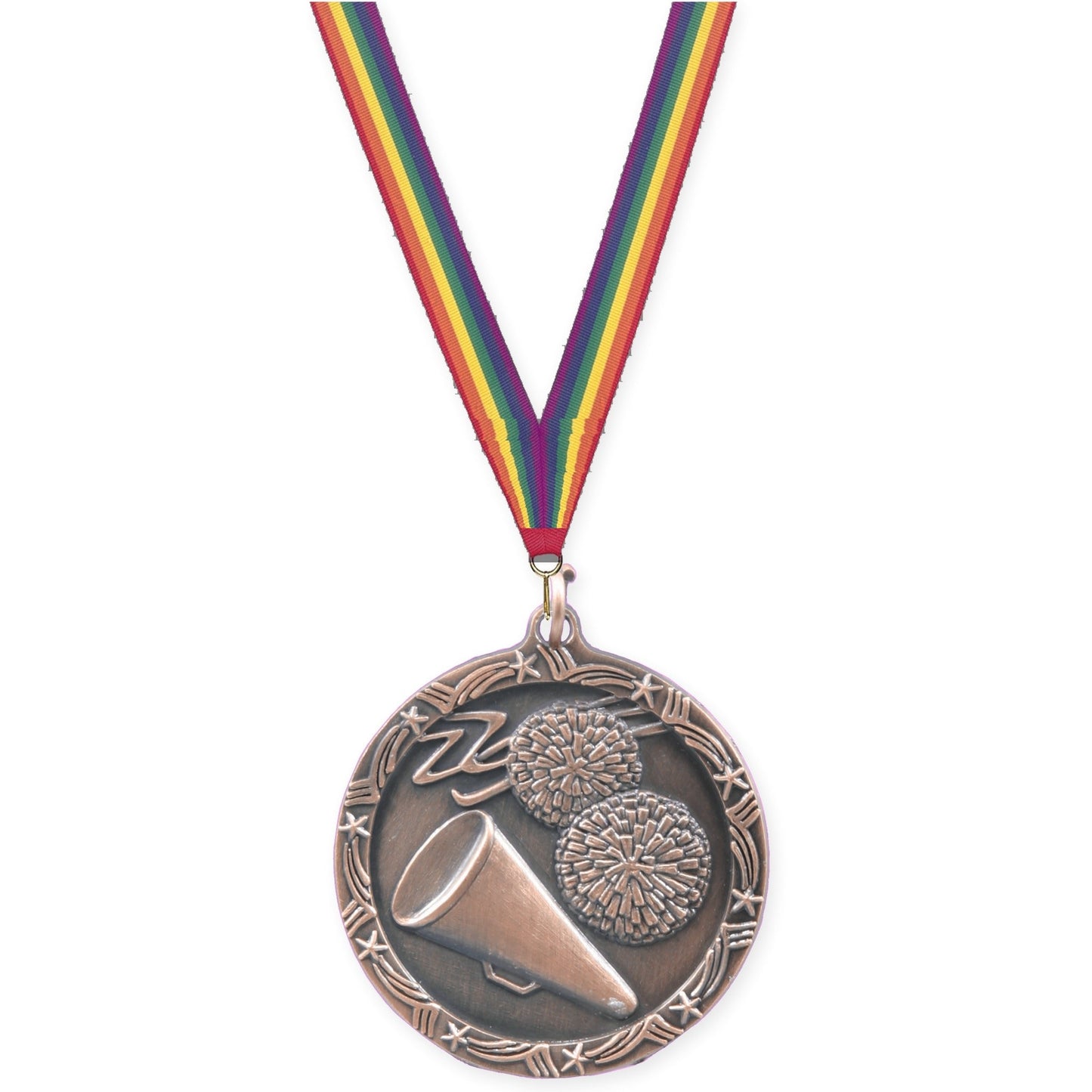 1 3/4 inch cheerleading Shooting Star medal in antique bronze with Rainbow neck ribbon