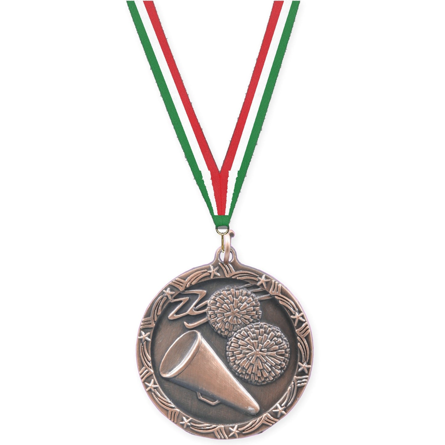 1 3/4 inch cheerleading Shooting Star medal in antique bronze with Green White Red neck ribbon