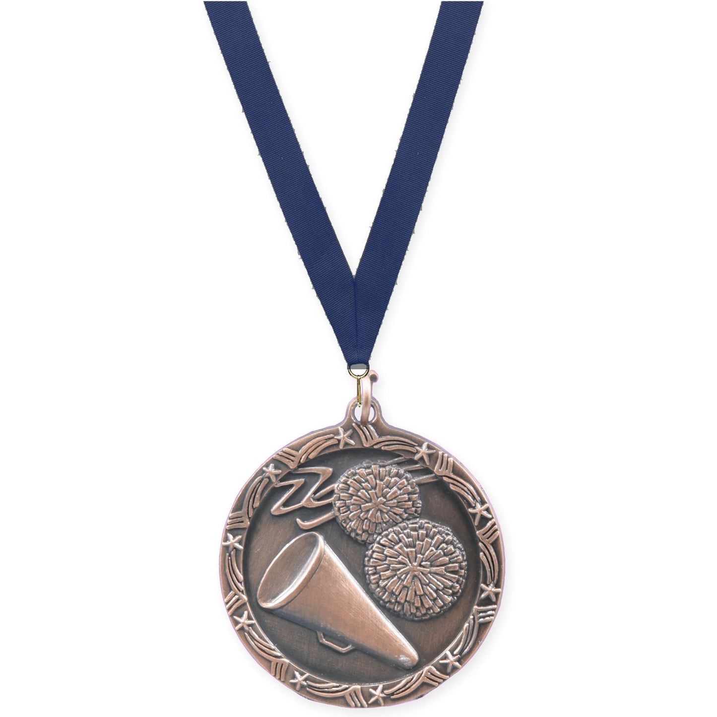 1 3/4 inch cheerleading Shooting Star medal in antique bronze with Navy neck ribbon
