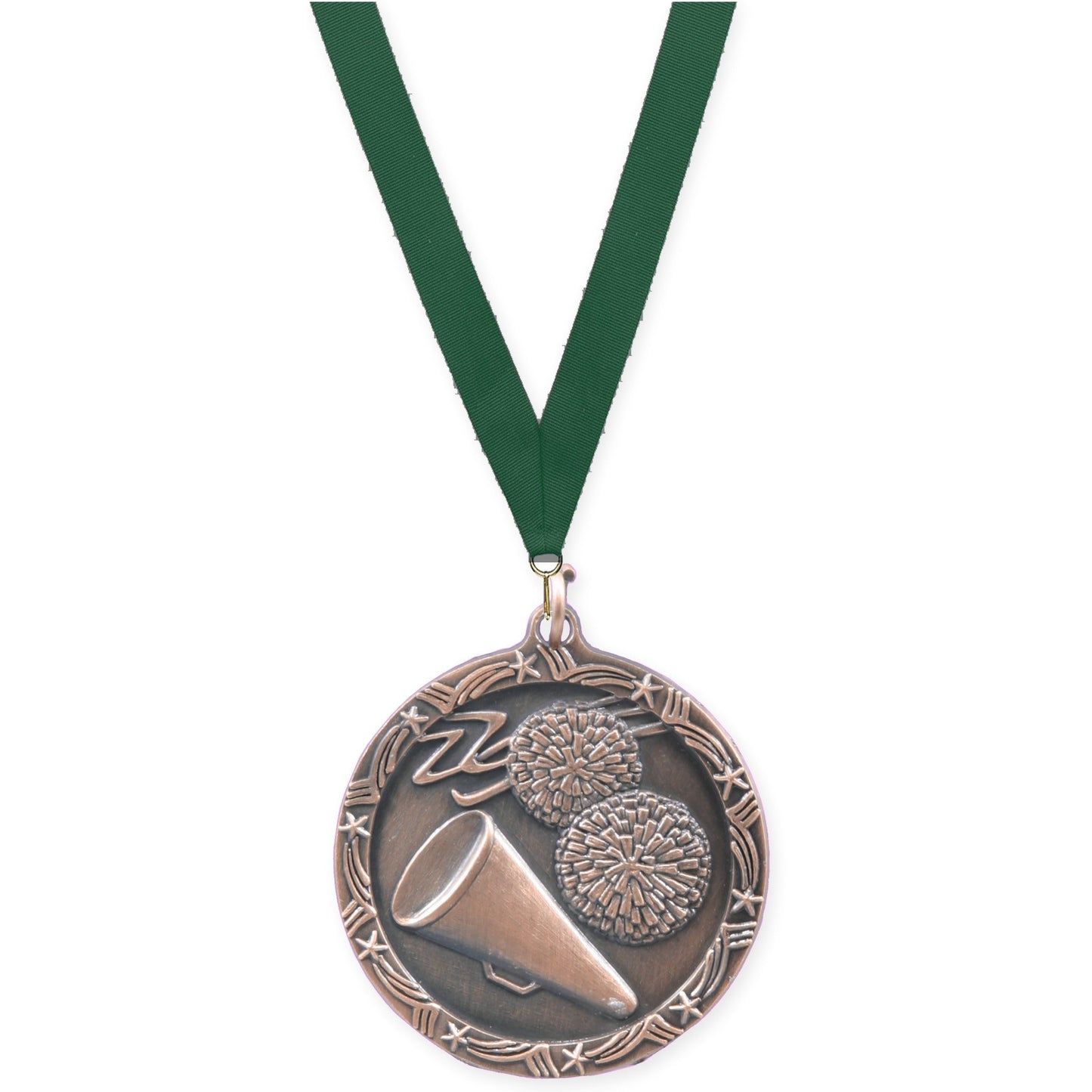 1 3/4 inch cheerleading Shooting Star medal in antique bronze with Hunter Green neck ribbon