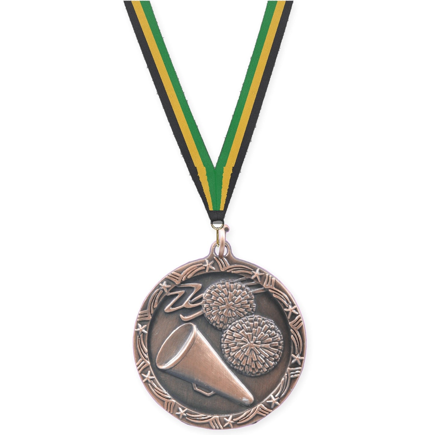 1 3/4 inch cheerleading Shooting Star medal in antique bronze with Black Gold Green neck ribbon
