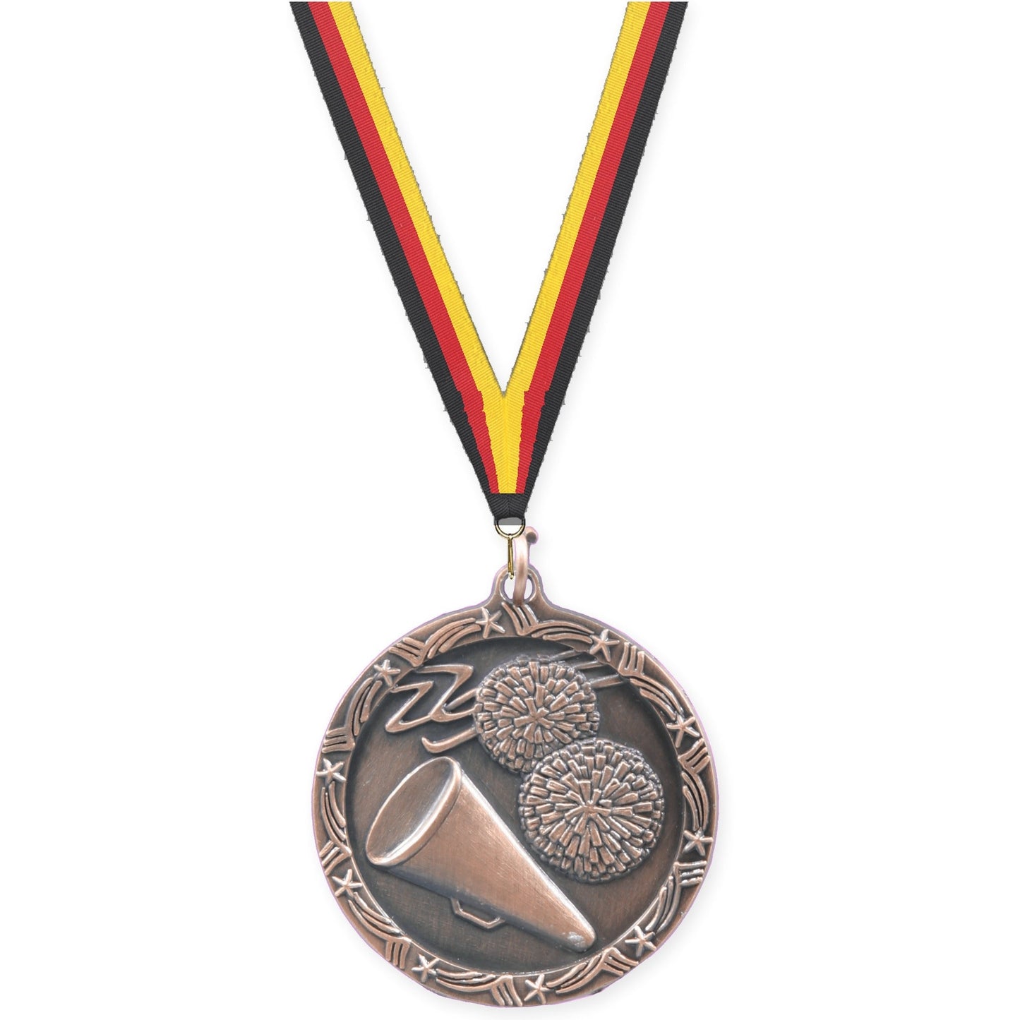 1 3/4 inch cheerleading Shooting Star medal in antique bronze with Black Red Yellow neck ribbon