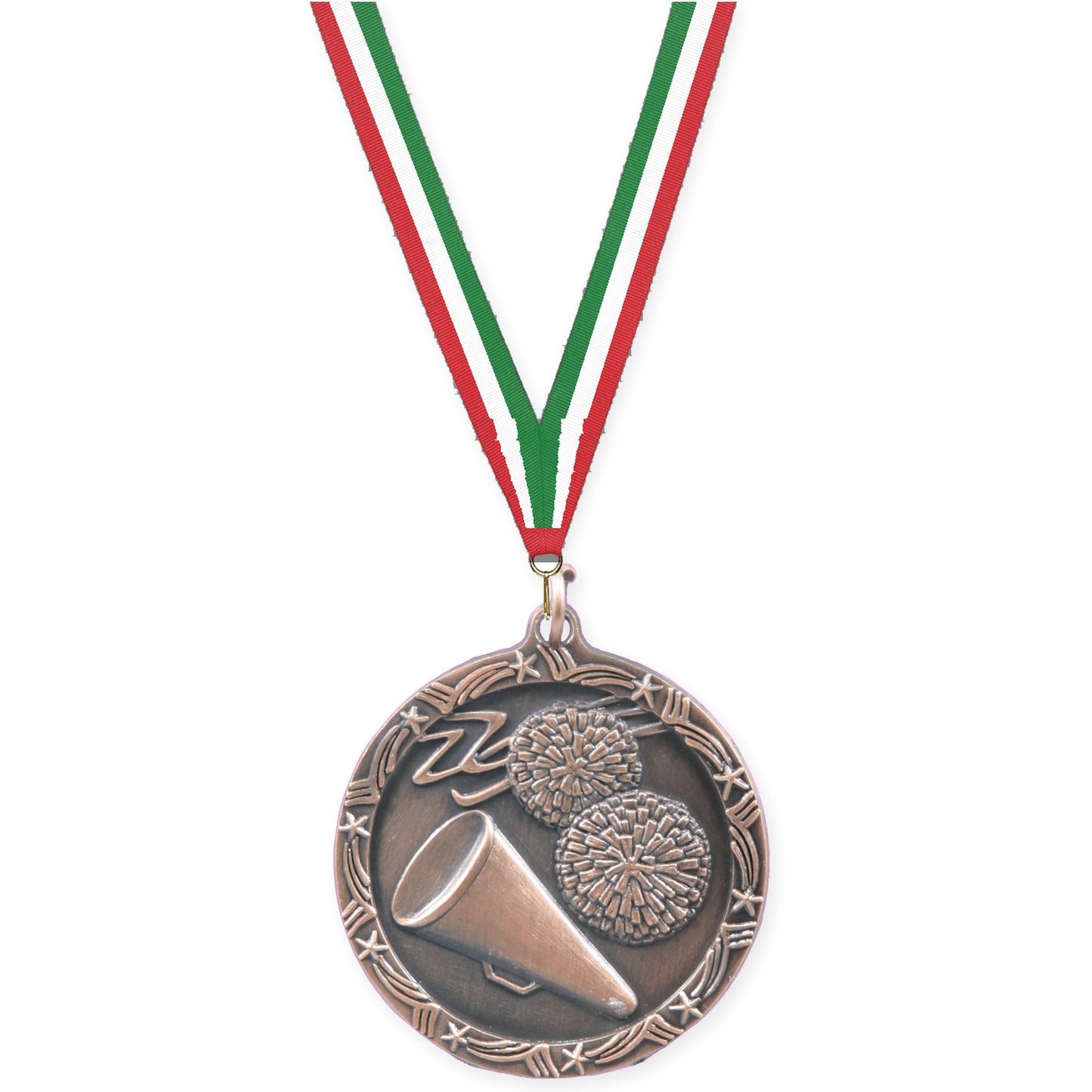 1 3/4 inch cheerleading Shooting Star medal in antique bronze with Red White Green neck ribbon