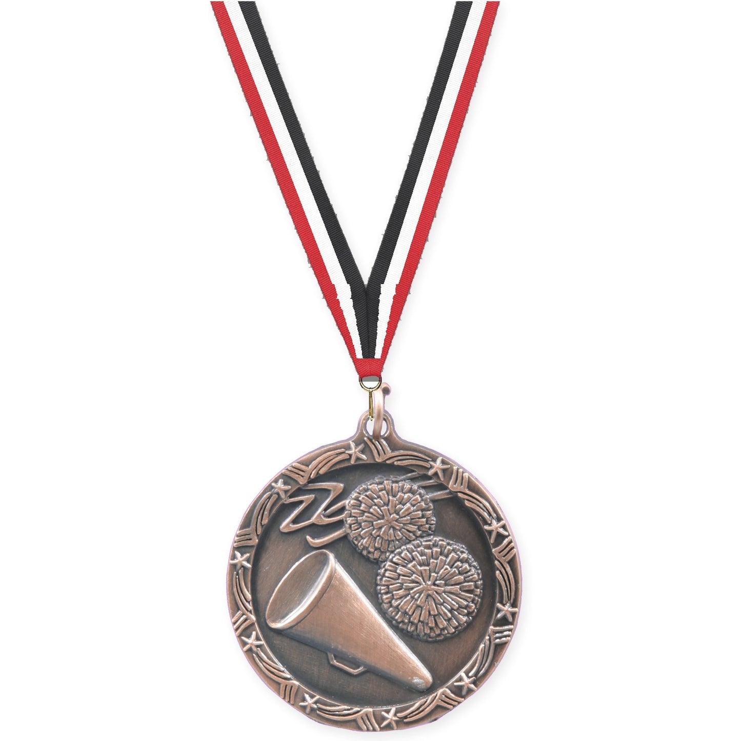 1 3/4 inch cheerleading Shooting Star medal in antique bronze with Red White Black neck ribbon