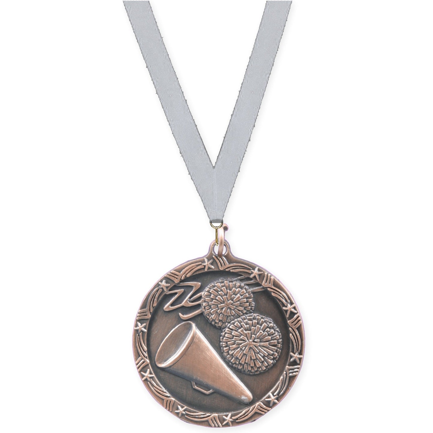 1 3/4 inch cheerleading Shooting Star medal in antique bronze with Silver Metallic neck ribbon