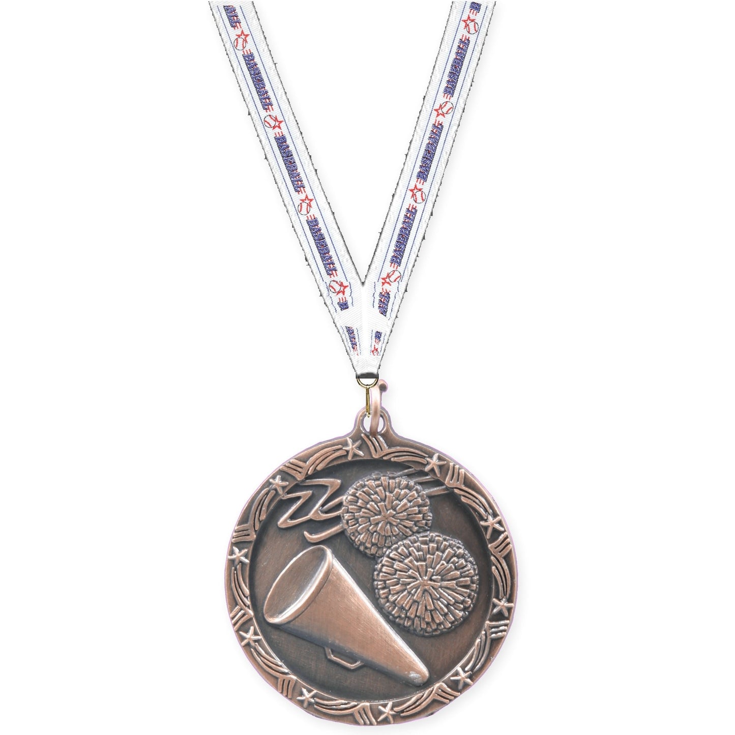1 3/4 inch cheerleading Shooting Star medal in antique bronze with Baseball neck ribbon