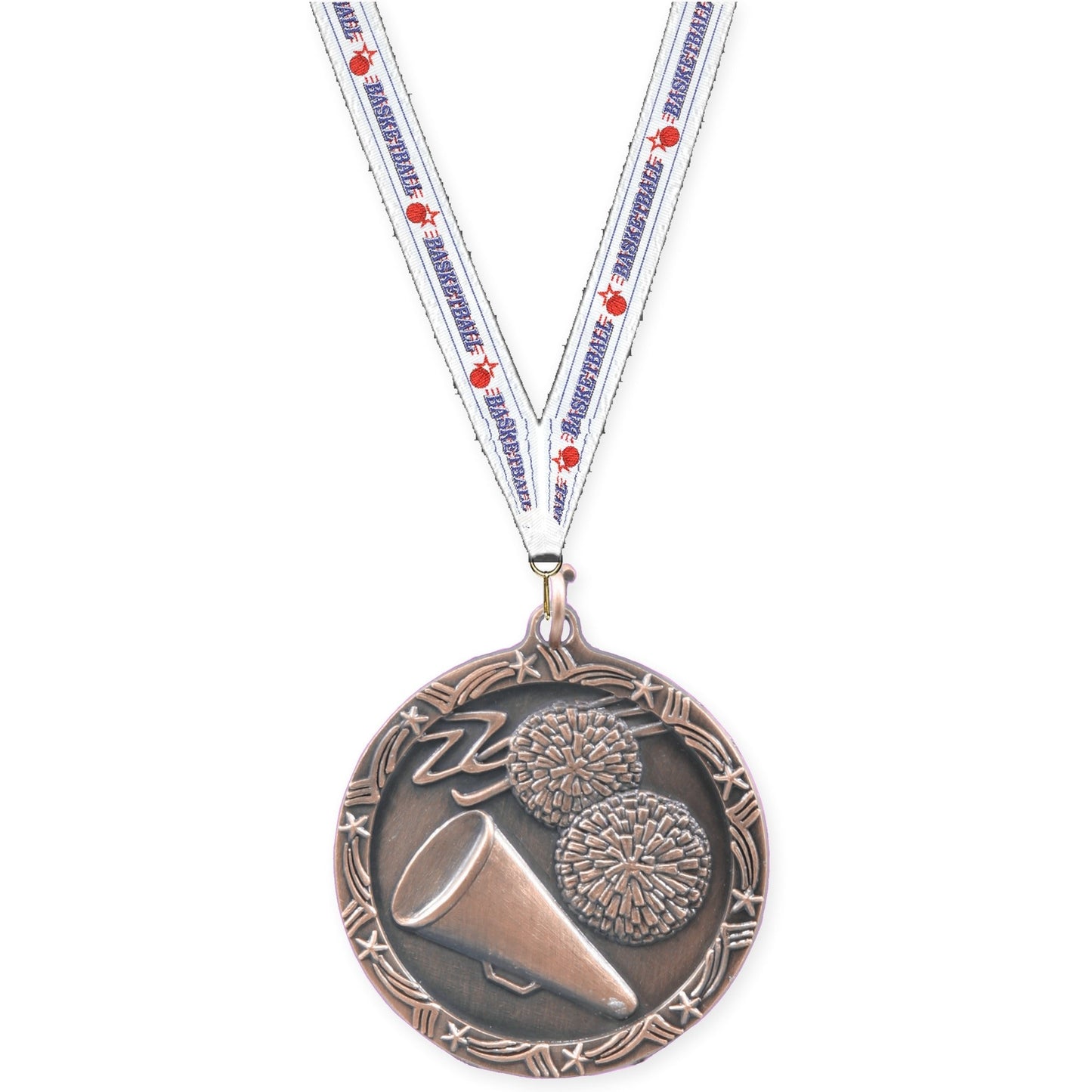 1 3/4 inch cheerleading Shooting Star medal in antique bronze with Basketball neck ribbon
