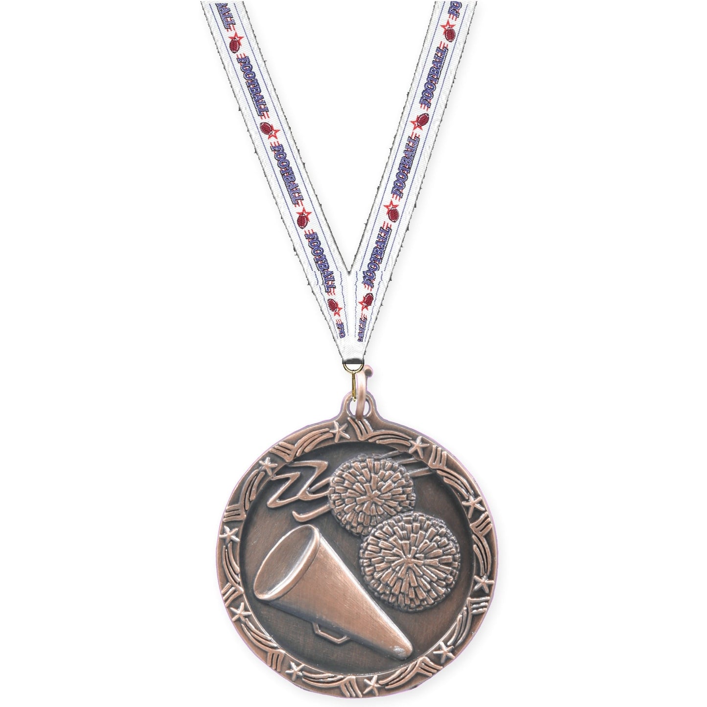 1 3/4 inch cheerleading Shooting Star medal in antique bronze with Football neck ribbon
