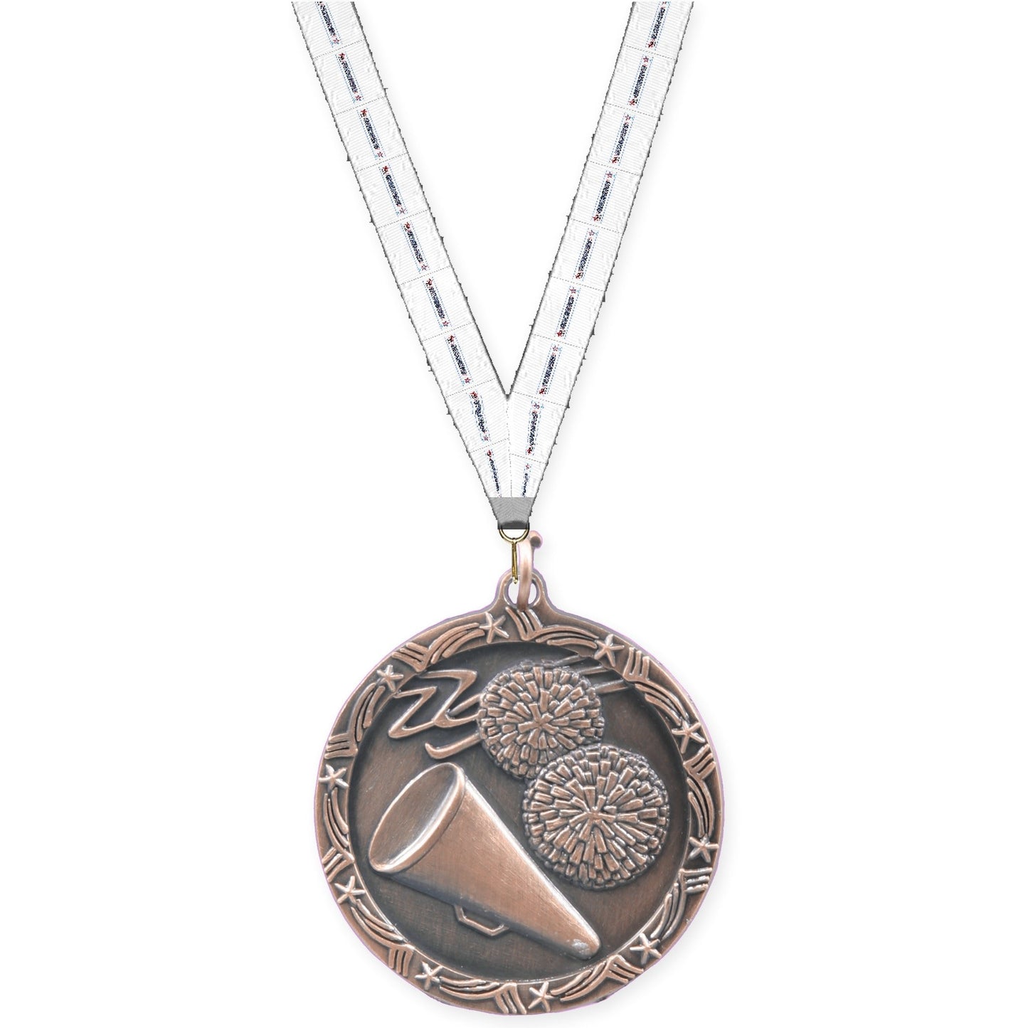 1 3/4 inch cheerleading Shooting Star medal in antique bronze with Gymnastics neck ribbon