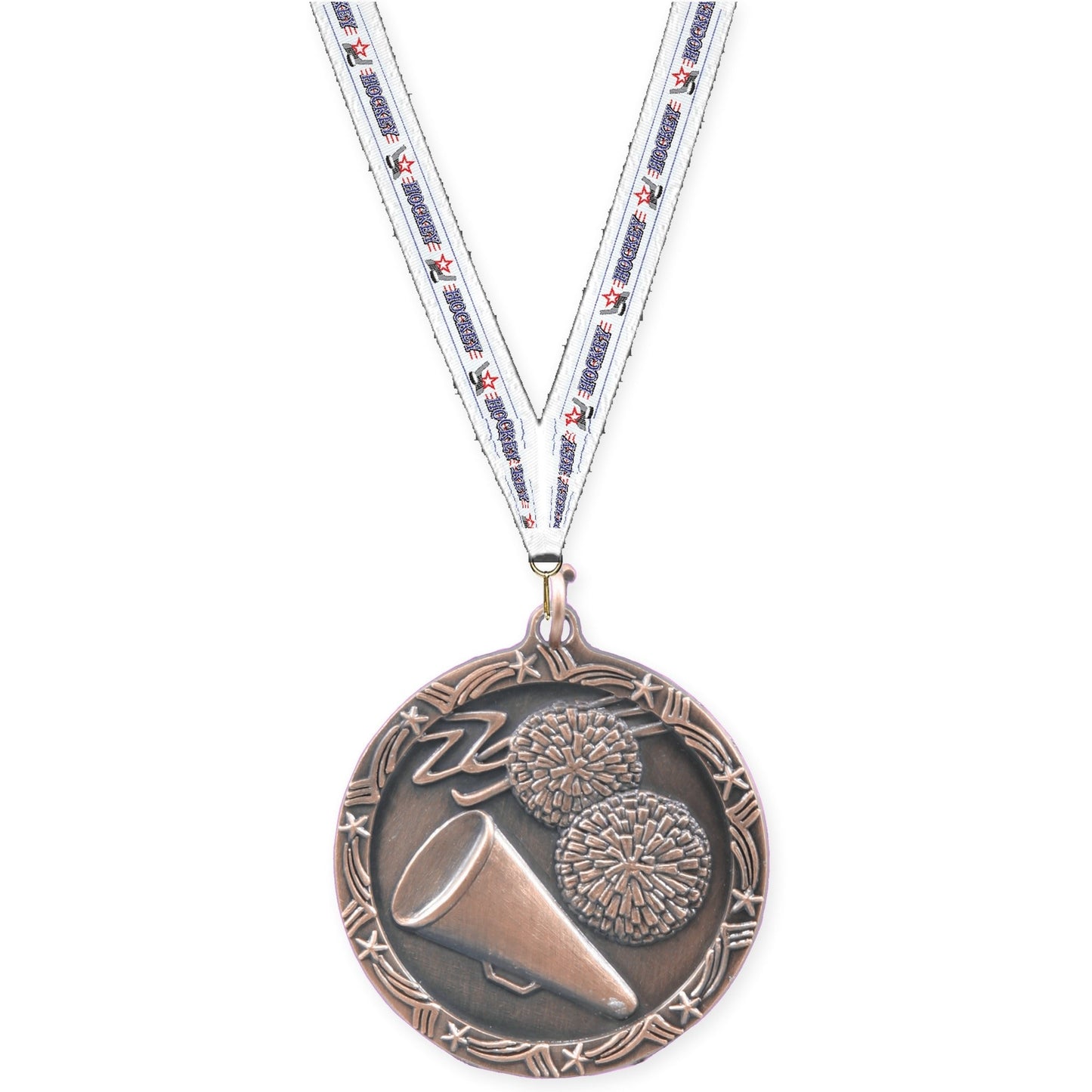 1 3/4 inch cheerleading Shooting Star medal in antique bronze with Hockey neck ribbon
