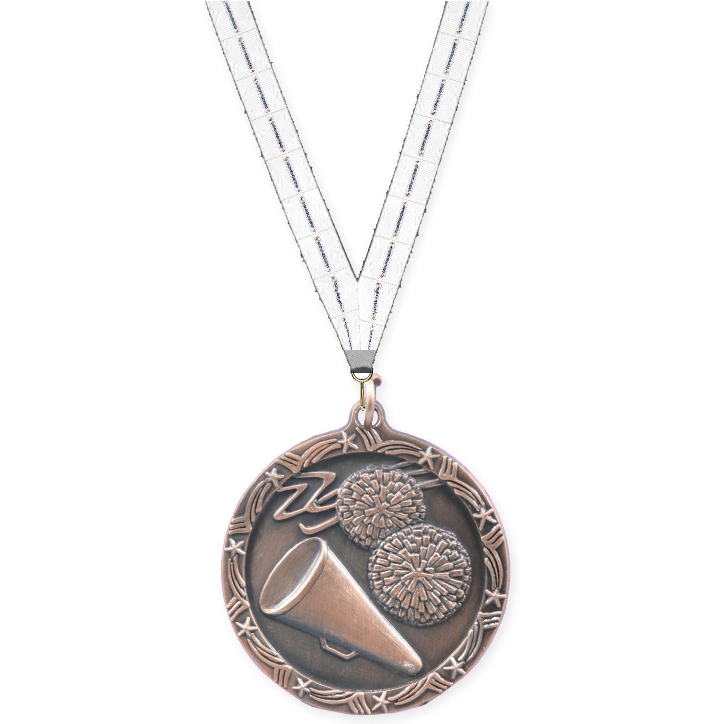 1 3/4 inch cheerleading Shooting Star medal in antique bronze with Lamp Of Knowledge neck ribbon