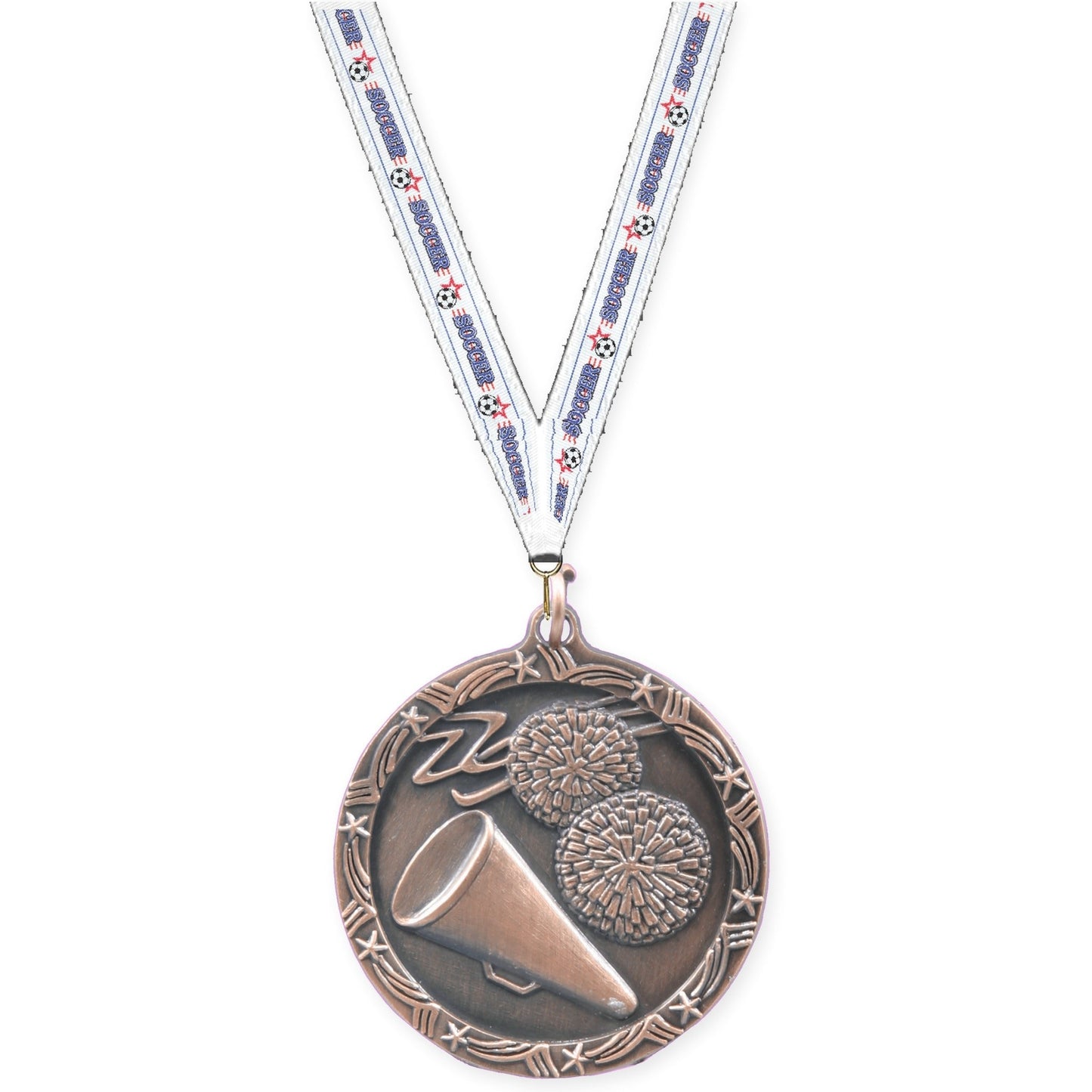 1 3/4 inch cheerleading Shooting Star medal in antique bronze with Soccer neck ribbon