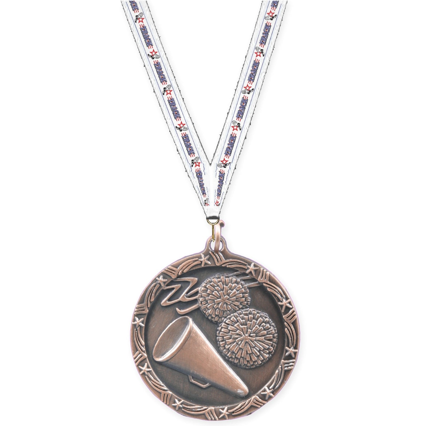1 3/4 inch cheerleading Shooting Star medal in antique bronze with Track neck ribbon