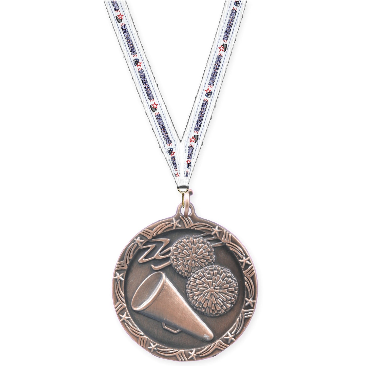 1 3/4 inch cheerleading Shooting Star medal in antique bronze with Wrestling neck ribbon