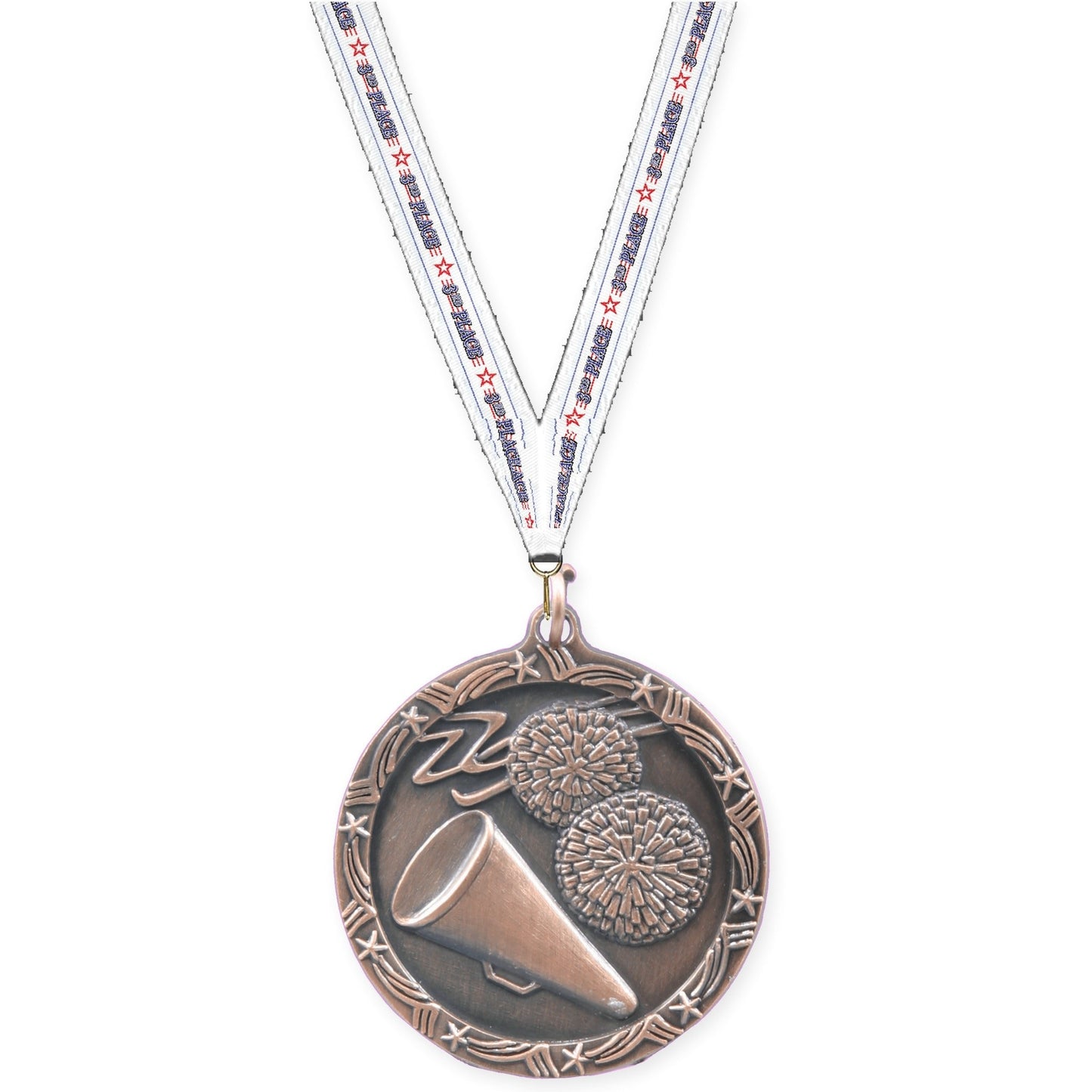 1 3/4 inch cheerleading Shooting Star medal in antique bronze with 3rd Place neck ribbon