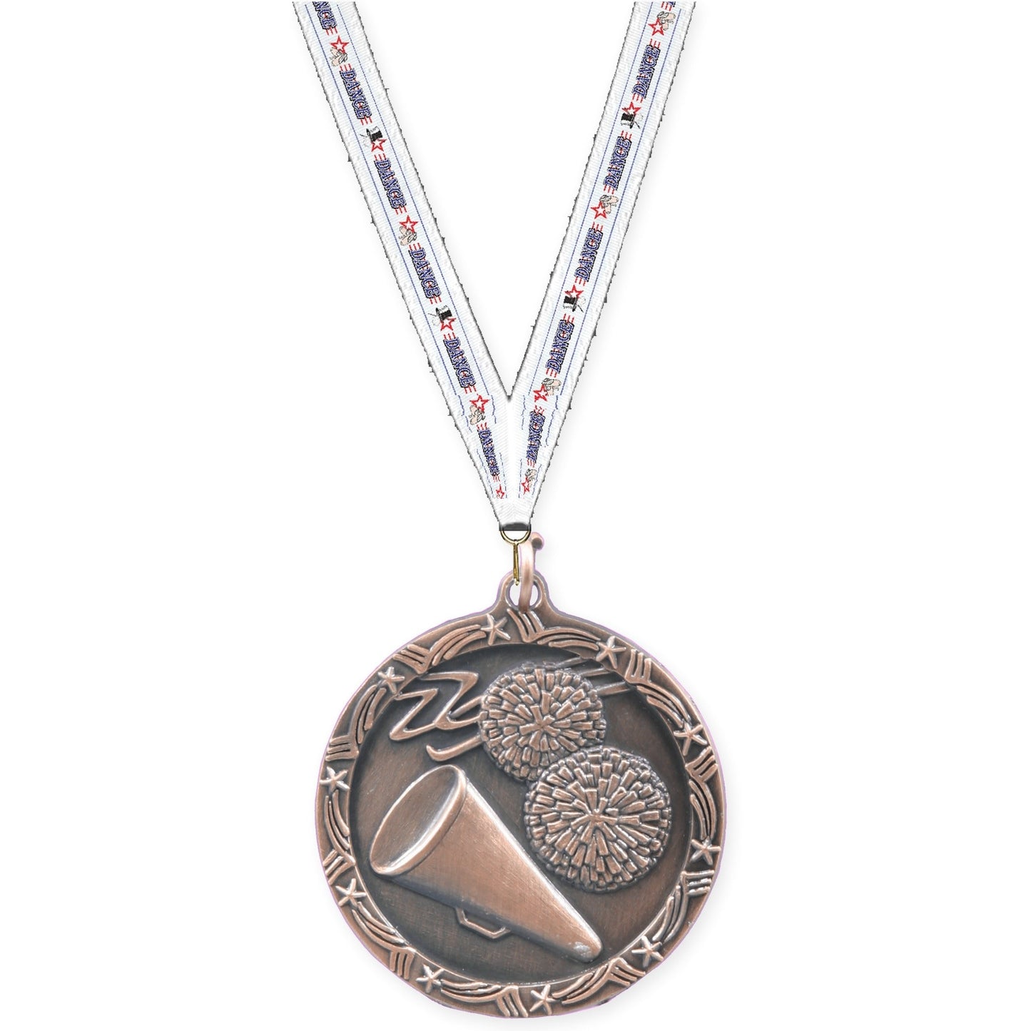 1 3/4 inch cheerleading Shooting Star medal in antique bronze with Dance neck ribbon