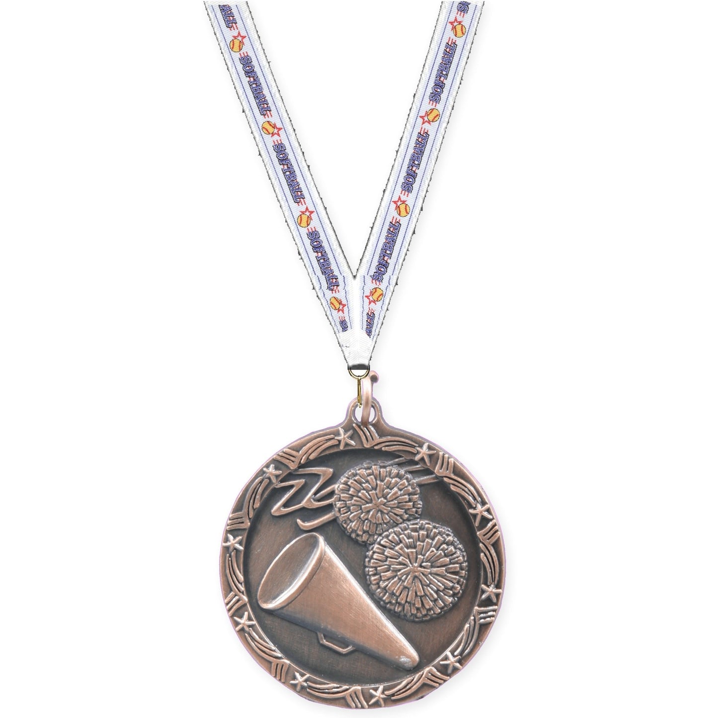 1 3/4 inch cheerleading Shooting Star medal in antique bronze with Softball neck ribbon