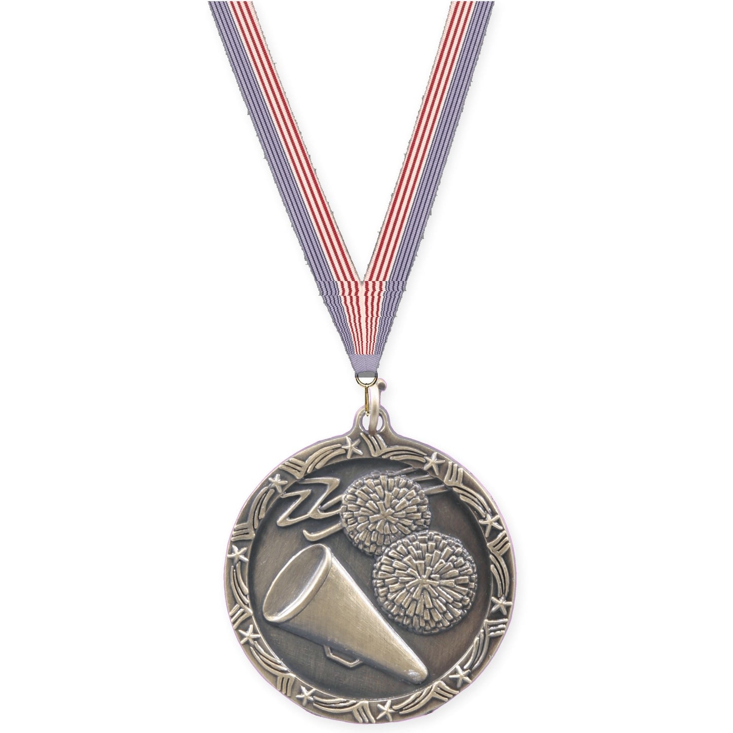 1 3/4 inch cheerleading Shooting Star medal in antique gold with USA Flag neck ribbon